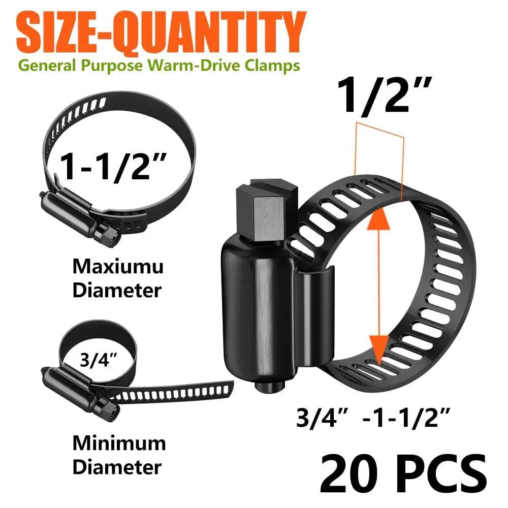 20 Pack Black 304 Stainless Steel Hose Clamps Kit Three Quarters Inch To One And One Half Inch 21 To 38 Mm Adjustable Worm Gear