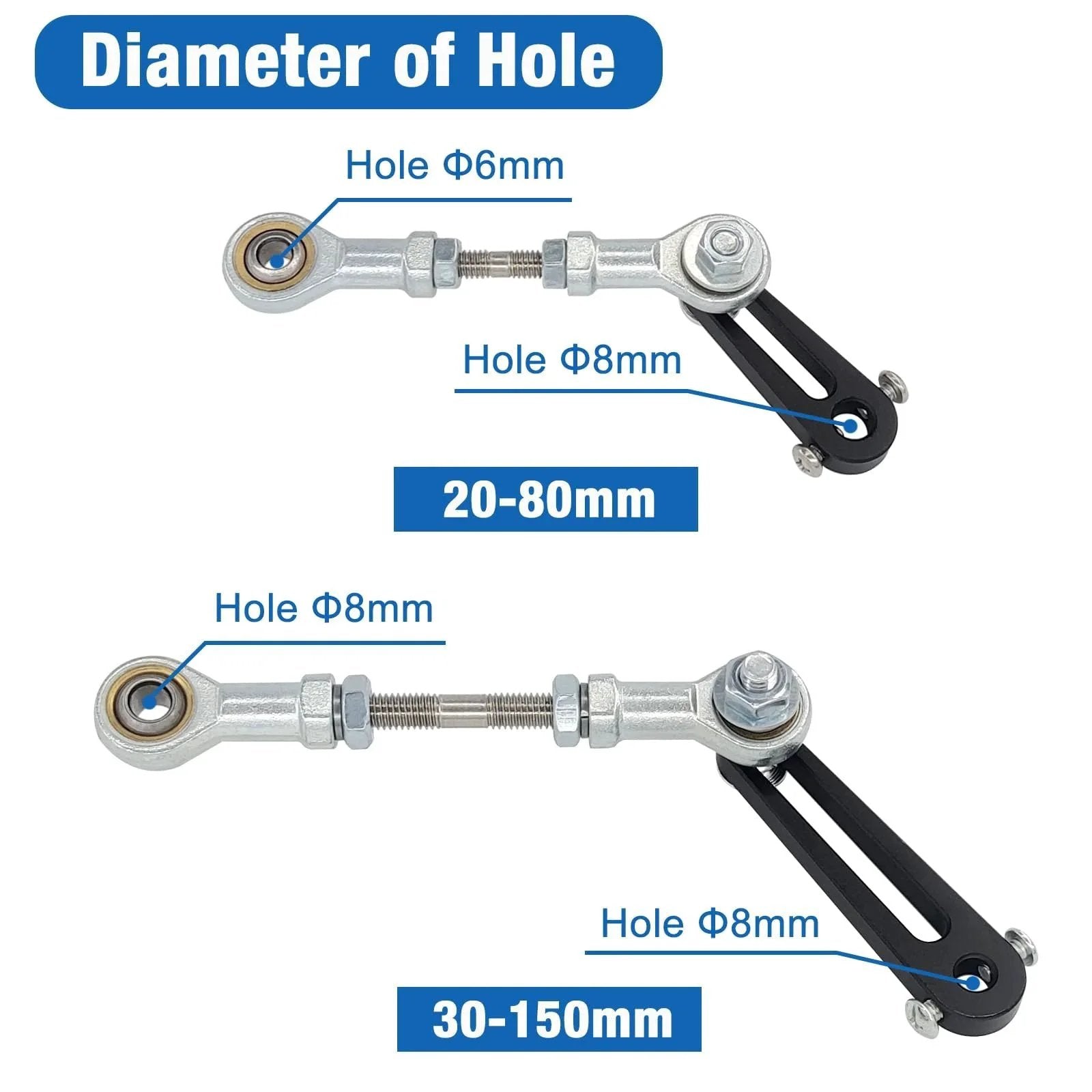 Rocker Arm For Reciprocating Linear Actuator With Adjustable Stroke From 30 To 150mm And 8mm Motor Shaft Hole, shown with dimensions and holes for installation.