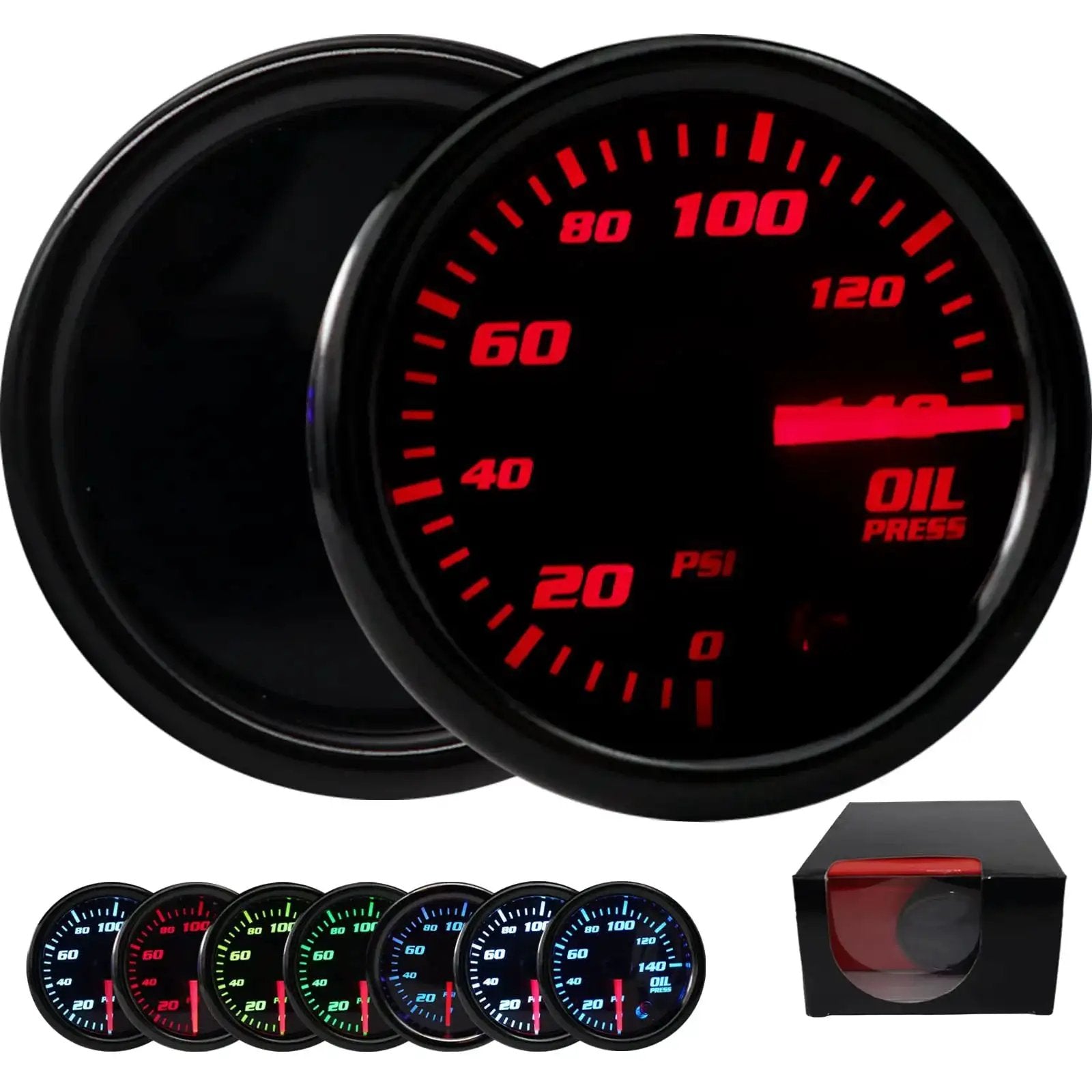 7 Color LED Backlit Oil Pressure Gauge 0-140 PSI 52mm 2 And 1 16 Inch Dial with red display and sensor for cars and trucks