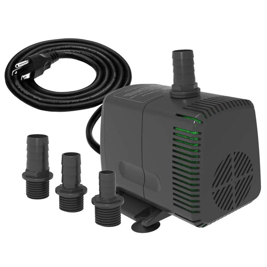 Ultra Quiet Submersible Pump 880 GPH 3500 LPH 60W with Overheating Protection and 10.2 Ft Lift, shown with accessories and power cord.