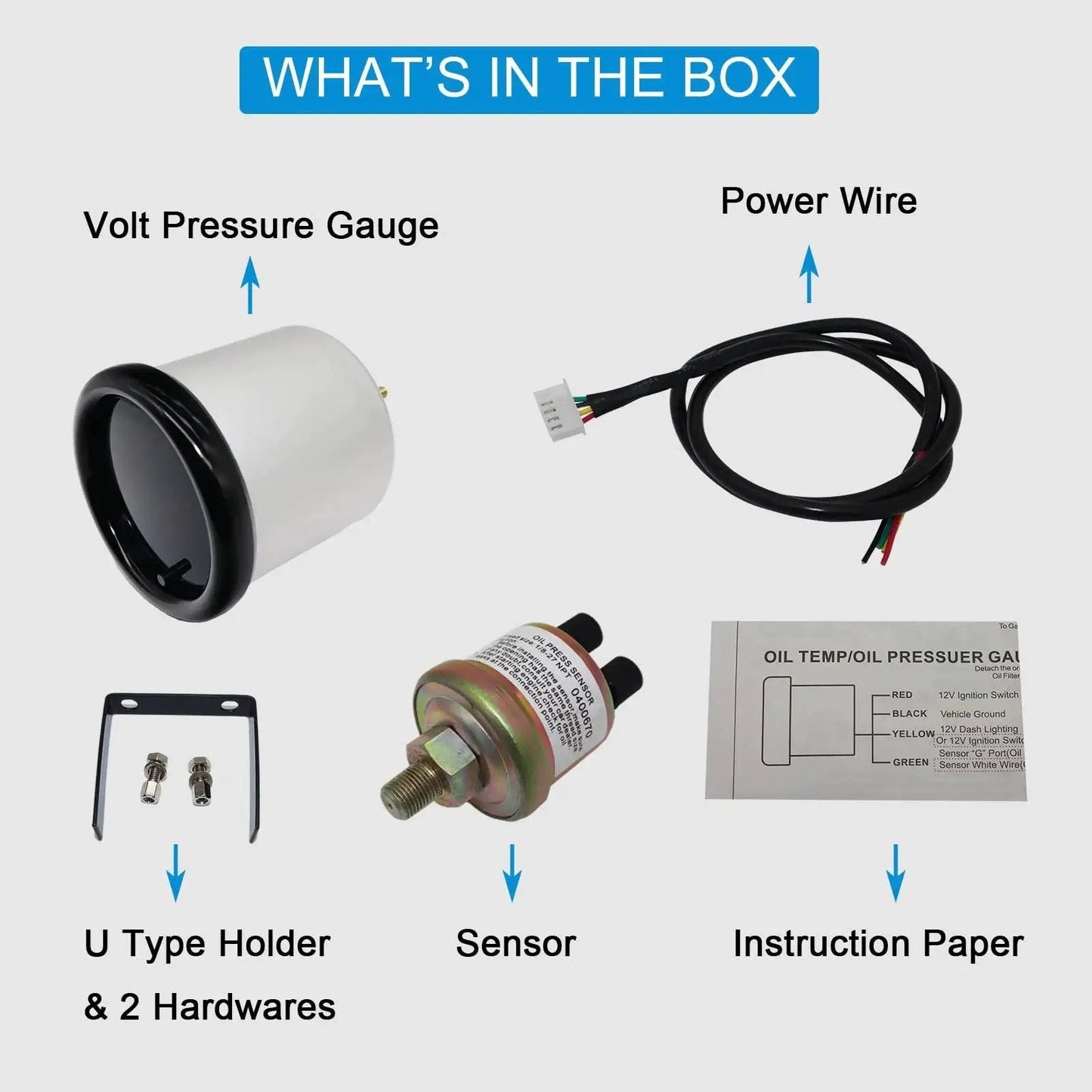 "7 Color LED Backlit Oil Pressure Gauge 0-140 PSI 52mm 2 And 1 16 Inch Dial With Sensor For Cars And Trucks Color Adjustable Display Easy Install Analog Meter With Stepper Motor Engine Protection For Your Daily Ride" product components including a volt pressure gauge, power wire, sensor, instruction paper, and mounting hardware.