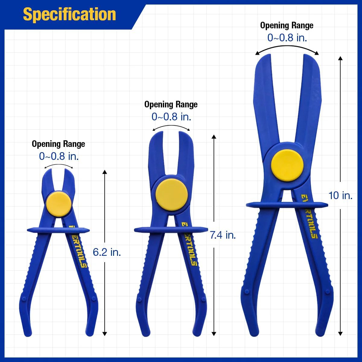 6 Piece Hose Pinch Clamp Pliers Set For Brake Fuel Radiator Hoses All In One Kit With 3 Sizes And Oxford Tool Bag Perfect Gift For Dads And DIYers By Evertools, showing three blue pliers of different sizes ranging from 6.2 to 10 inches with 0-0.8 inch opening range.
