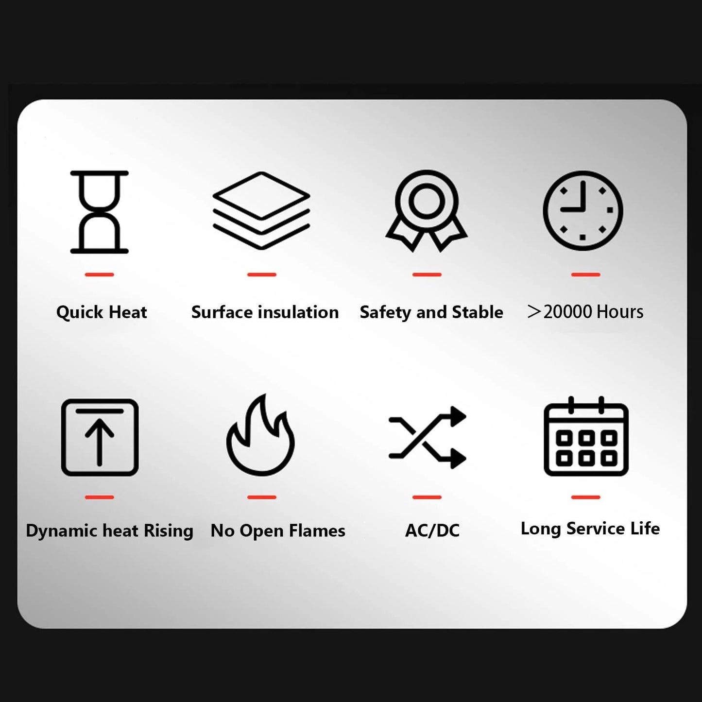 Icons detailing features: quick heat, surface insulation, safety, over 20000 hours, dynamic heat, no flames, AC/DC, long service life.