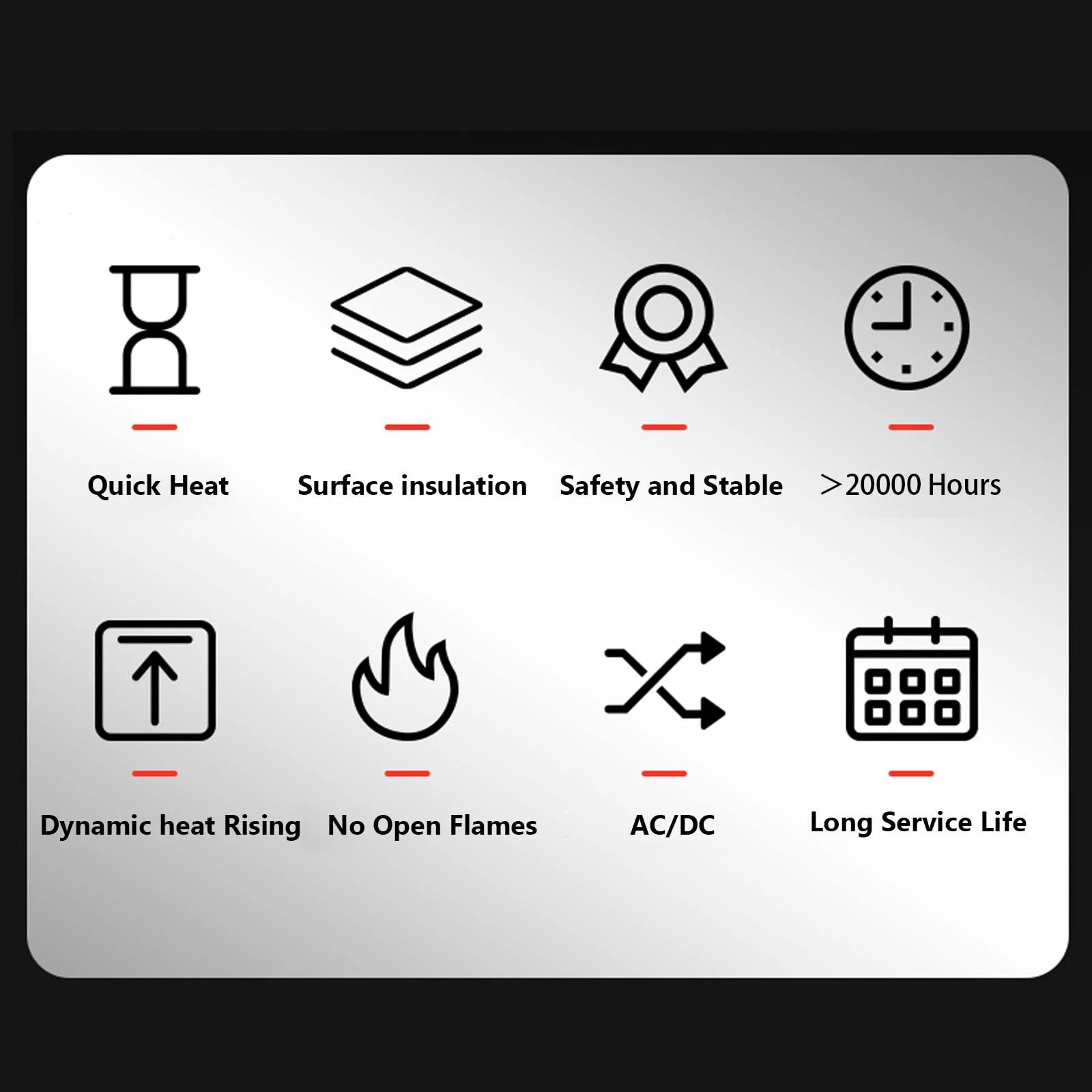 Icons detailing features: quick heat, surface insulation, safety, over 20000 hours, dynamic heat, no flames, AC/DC, long service life.