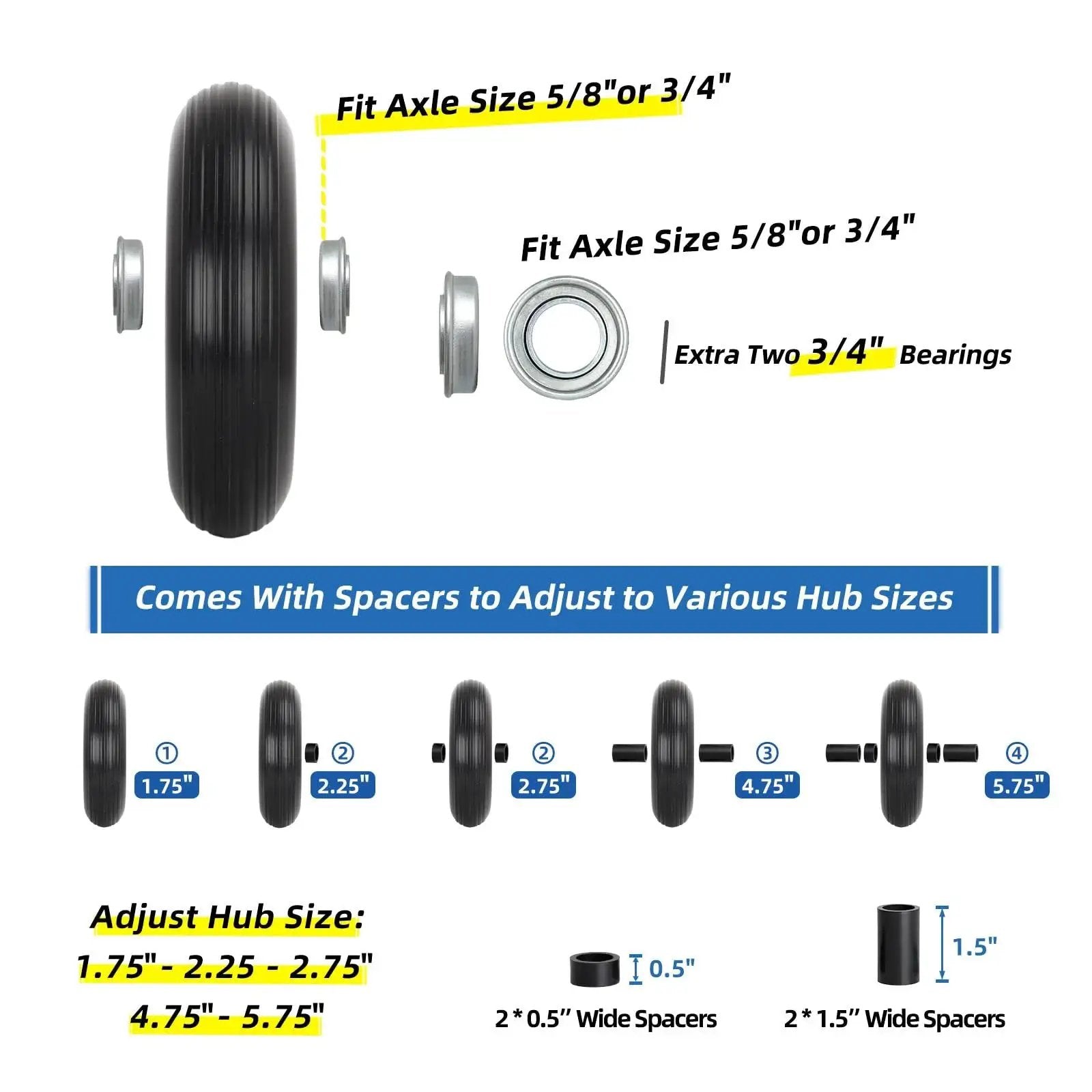13.5 Inch Solid Flat Free Wheelbarrow Tire with axle sizes, spacers, and hub adjustments for wheelbarrows, wagons, garden carts.