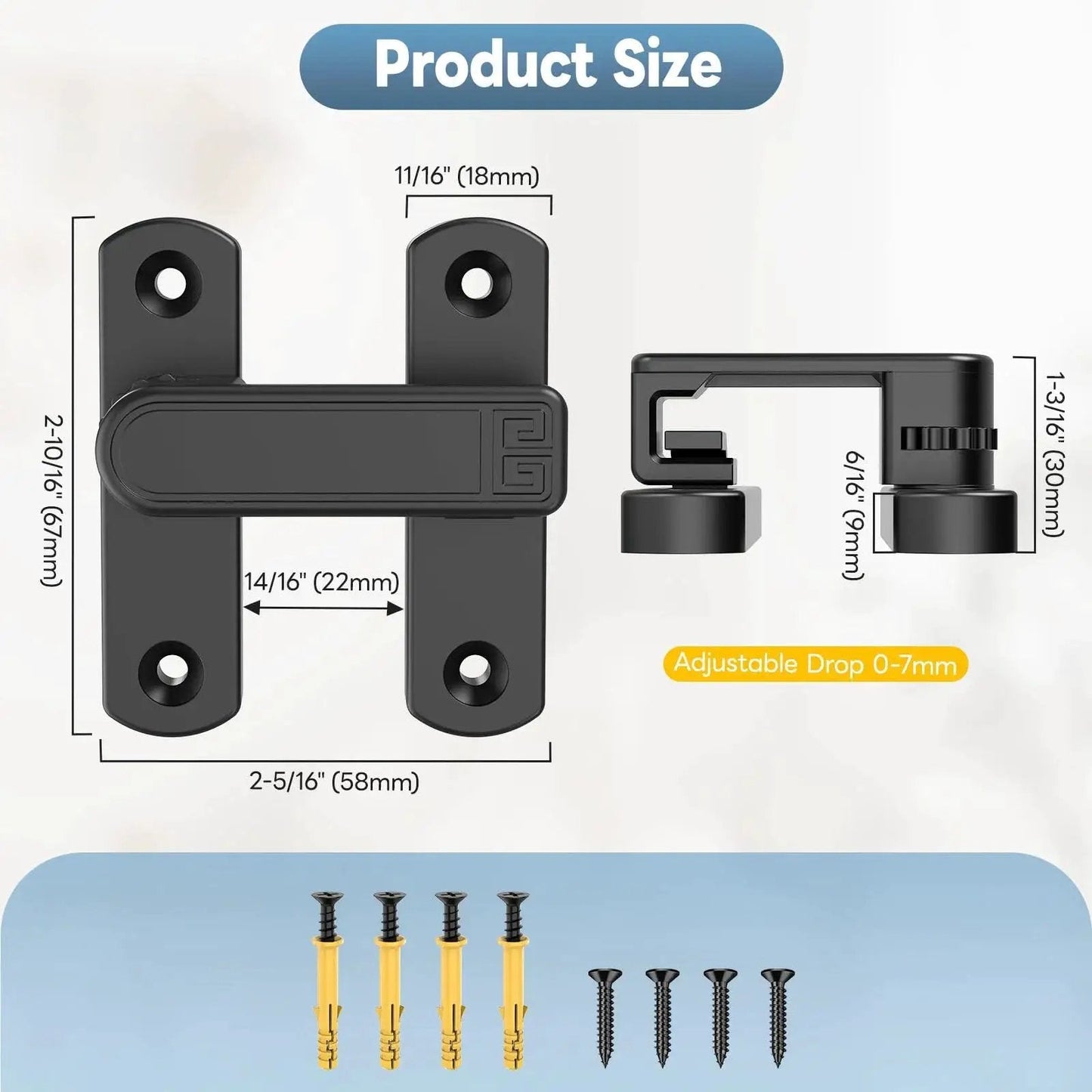 90 And 180 Degree Sliding Barn Door Lock Adjustable Zinc Alloy Security Latch dimensions and screws
