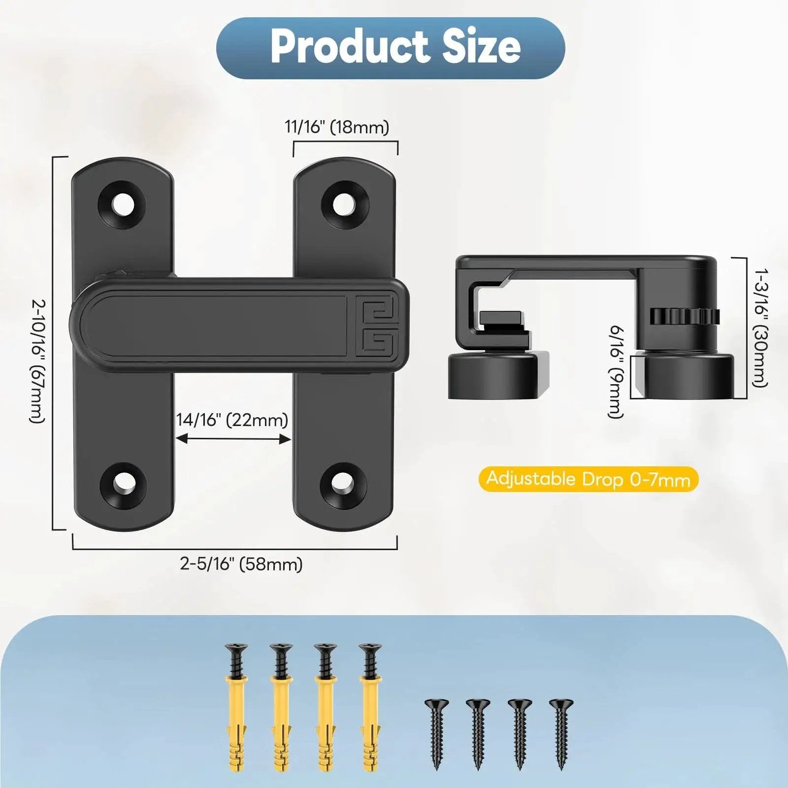 90 And 180 Degree Sliding Barn Door Lock Adjustable Zinc Alloy Security Latch dimensions and screws