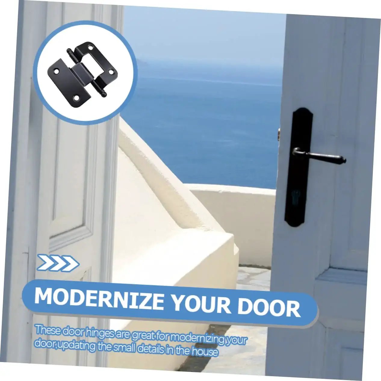 Heavy Duty Cabinet Door Hinges 6 Pack For Home Repair Iron Construction displayed on open door with ocean view