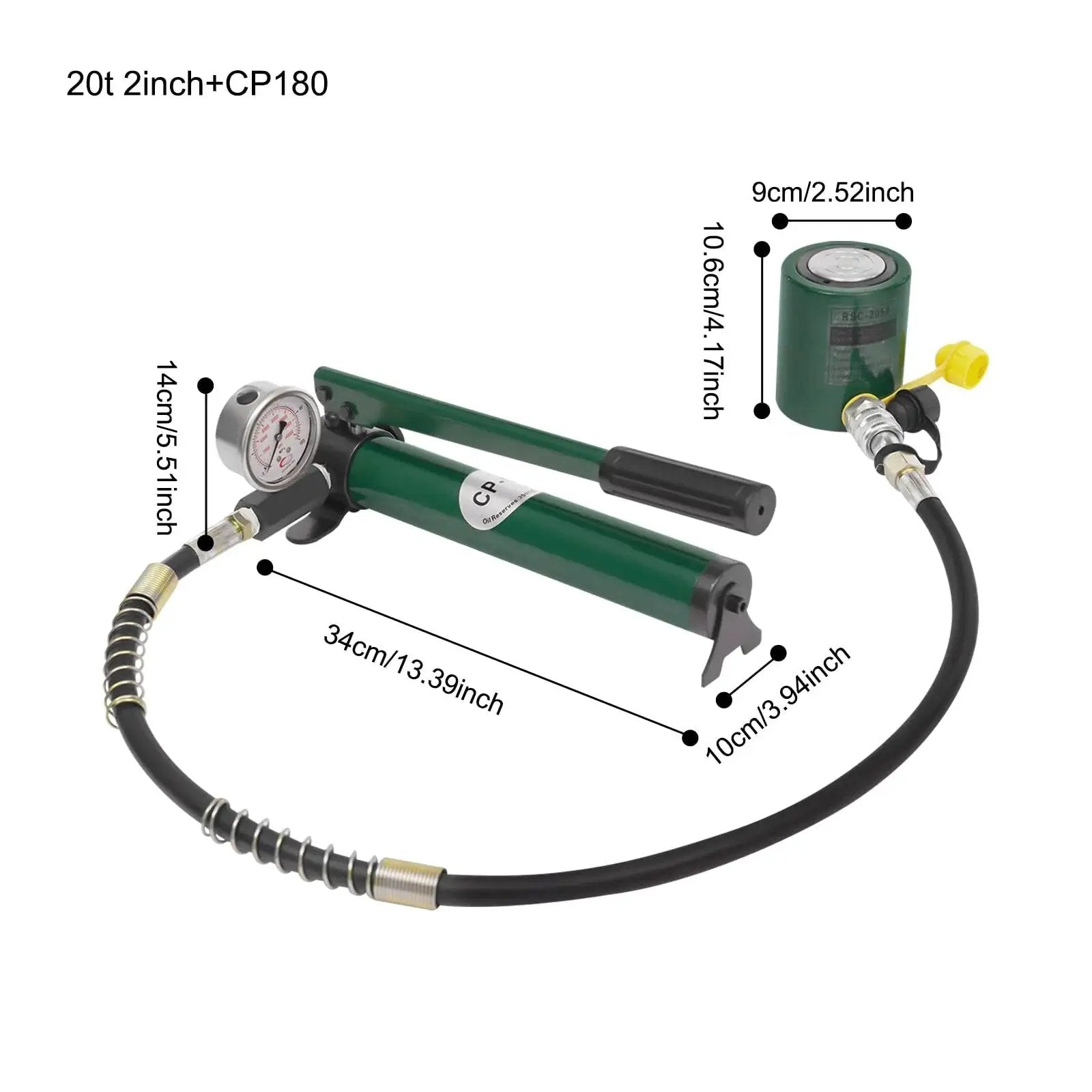 20 Ton Hydraulic Ram Jack With Hand Pump And Gauge Low Profile Porta Power Kit, green hand pump and gauge with hose