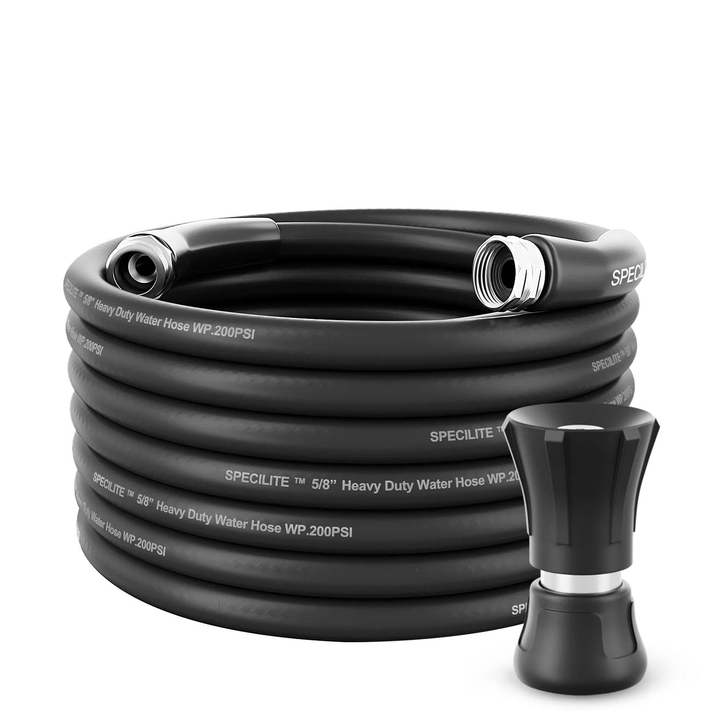 Heavy Duty 50 Foot Black Garden Hose With High Flow Nozzle For Yard And Farm Flexible Rubber Construction That Withstands Minus 50 To 158 Degrees Fahrenheit And Features Three Quarter Inch Stainless Steel Fittings SPECILITE