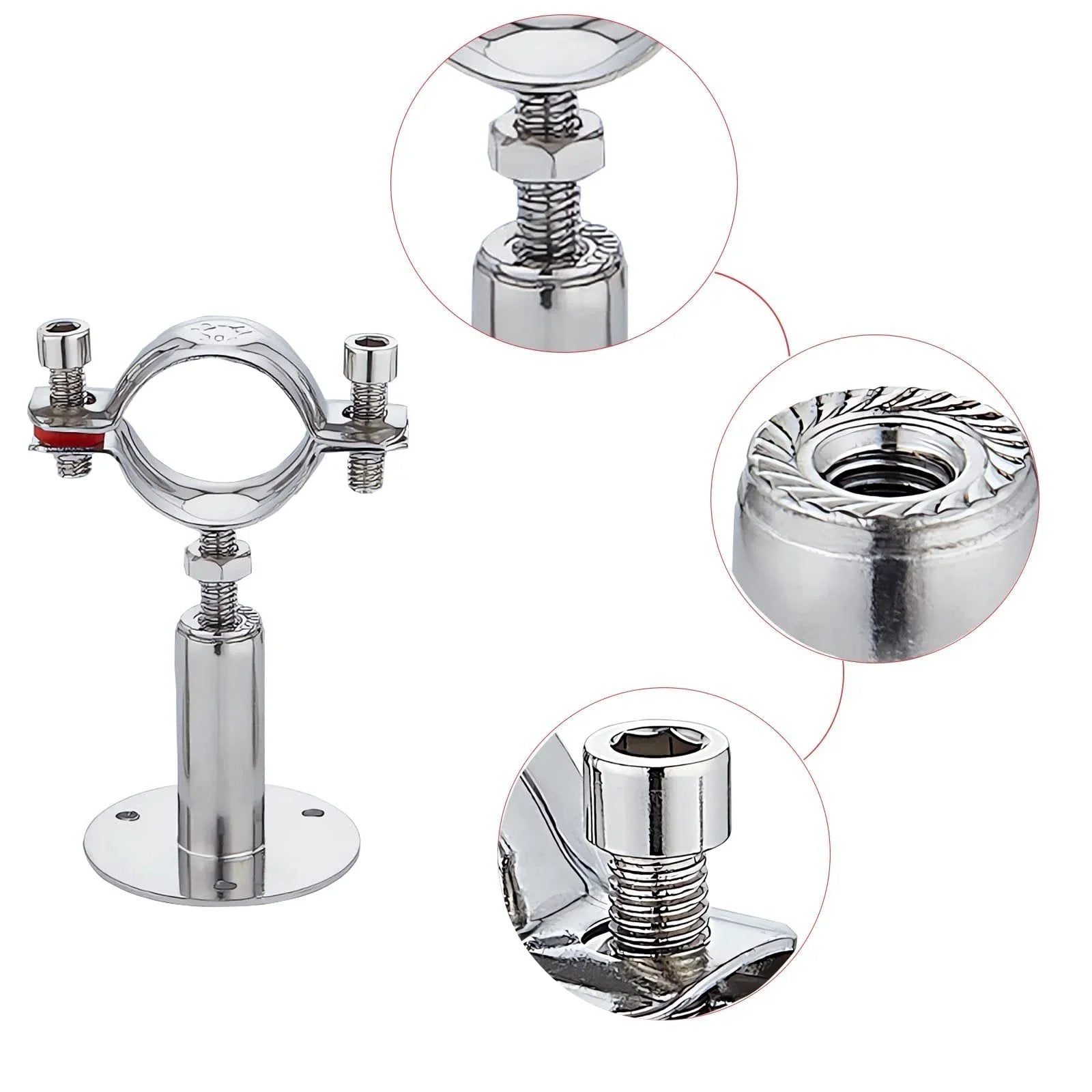 2 Pack Wall and Ceiling Pipe Mount Clamps 304 Stainless Steel Rubber Cushioned and Rust Resistant Waterproof and Oil Proof Adjustable Height 30 to 60mm Fits 15 to 19mm OD Pipes Heavy Duty Pipe Supports for Home and Workshop, shown from different angles and close-up views.