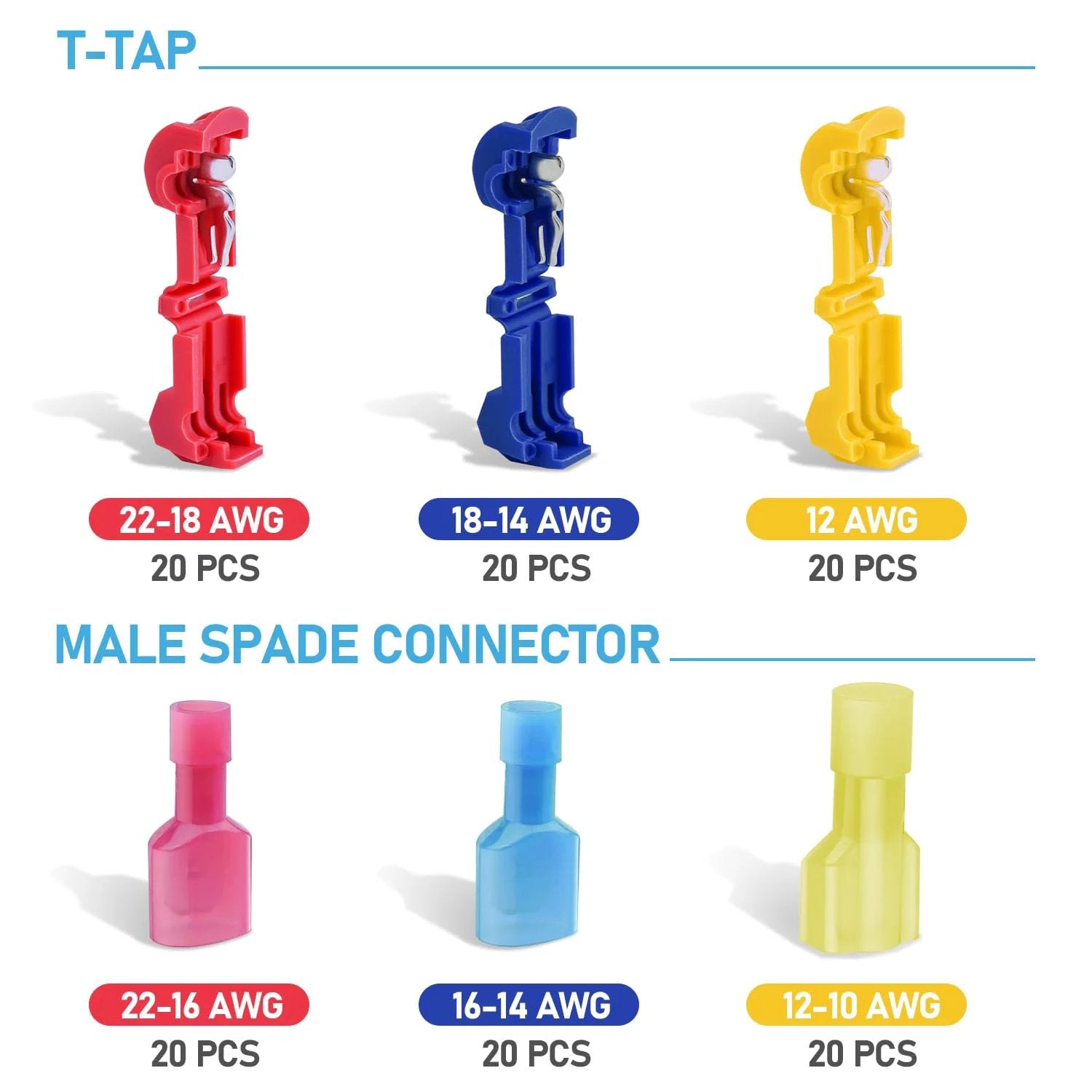 Self Stripping T Tap Wire Connectors 120 Pieces T Wire Quick Splice Connectors For Wiring With Storage Case Durable Copper Contacts Ideal For Automotive Electronics Household Projects Quick Install No Cutting Solder Free By TICONN showcasing red, blue, yellow connectors for various AWG sizes.