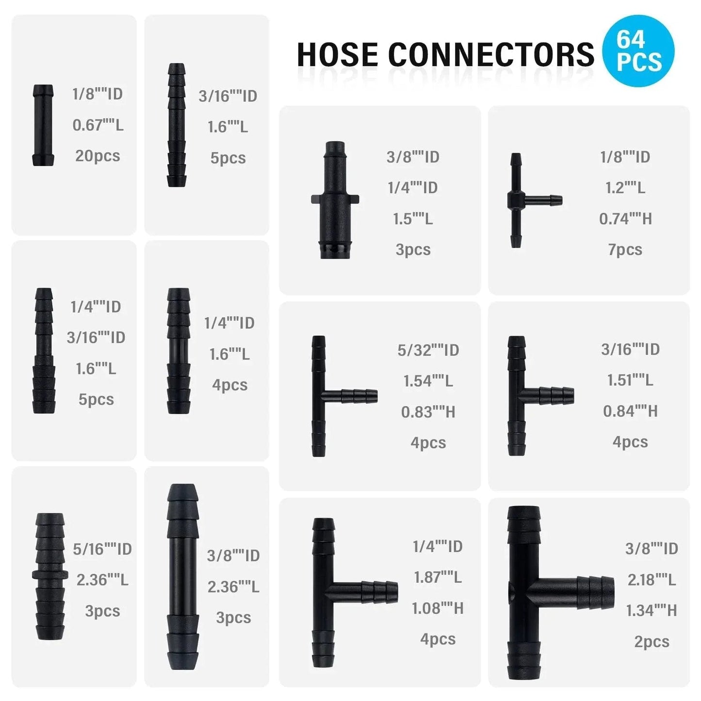 64 Piece Vacuum Line Connectors Kit Heat Resistant to 240C 460F Silicone Vacuum Hose Fittings Assortment With 12 Sizes Including 5 Straight 5 Tee And 2 Profile For Tight Auto Vacuum System Connections, displayed flat.