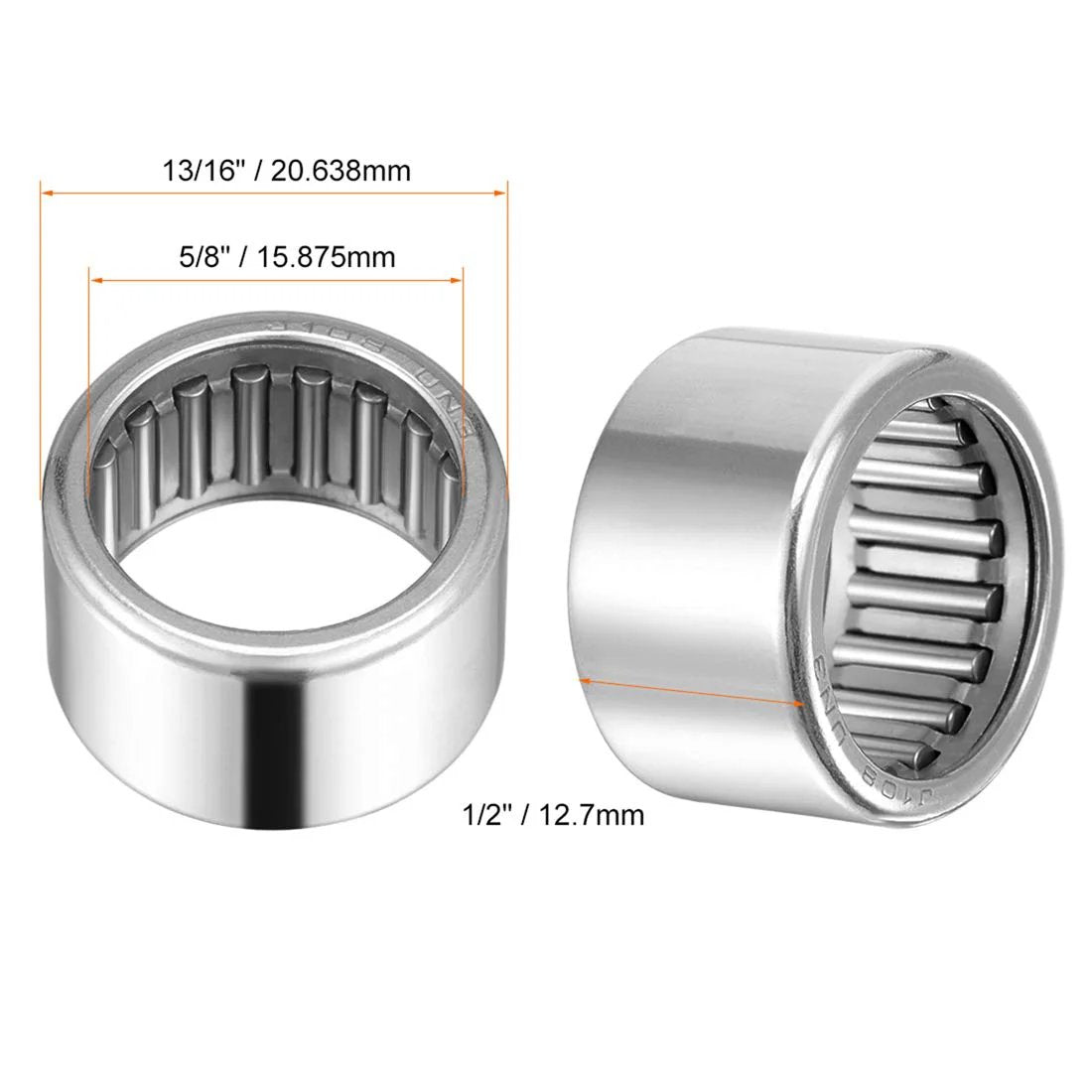 Close-up view of SCE108 Needle Roller Bearing Set with drawn cup, open end, five eighths inch bore, thirteen sixteenths inch OD.