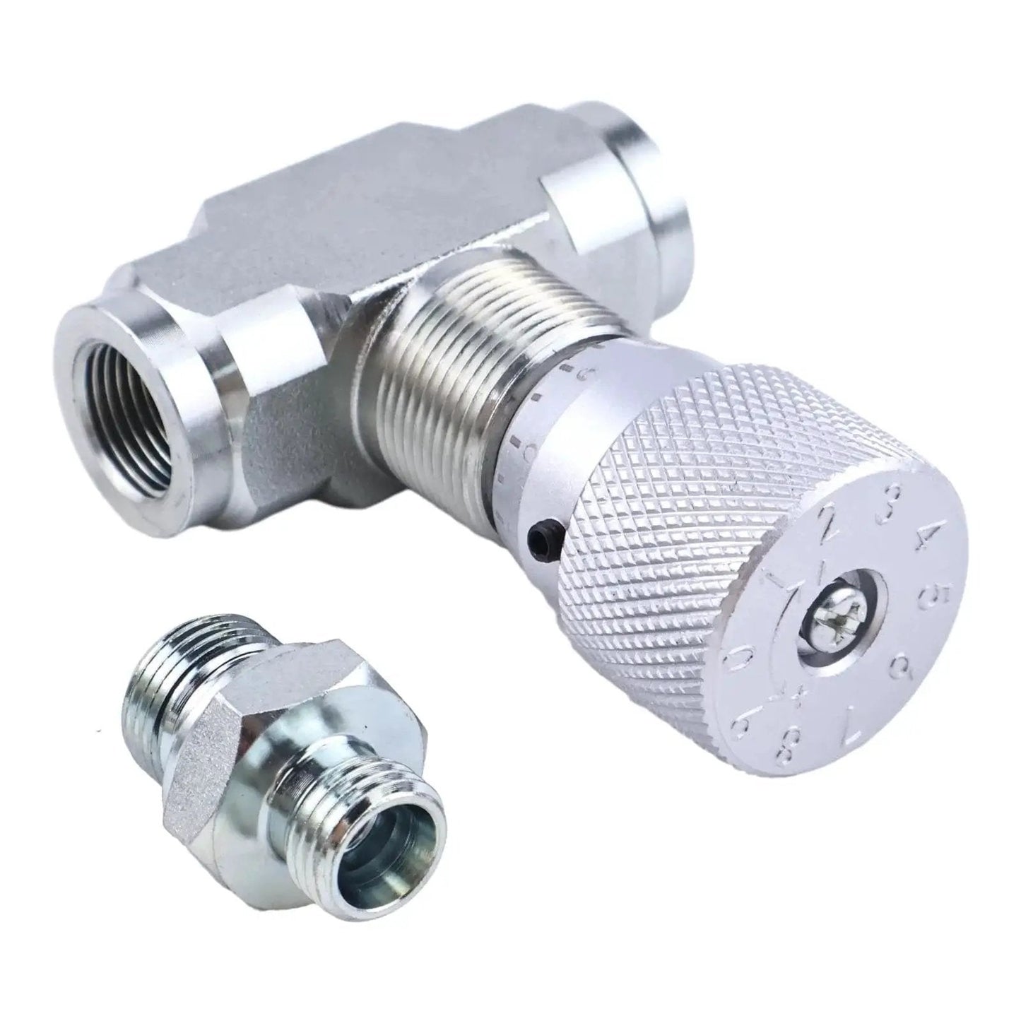 Hydraulic Flow Control Valve Bidirectional Throttle Valve STB-G3/8 fits mini excavator with L8 connectors, silver metal, close view.
