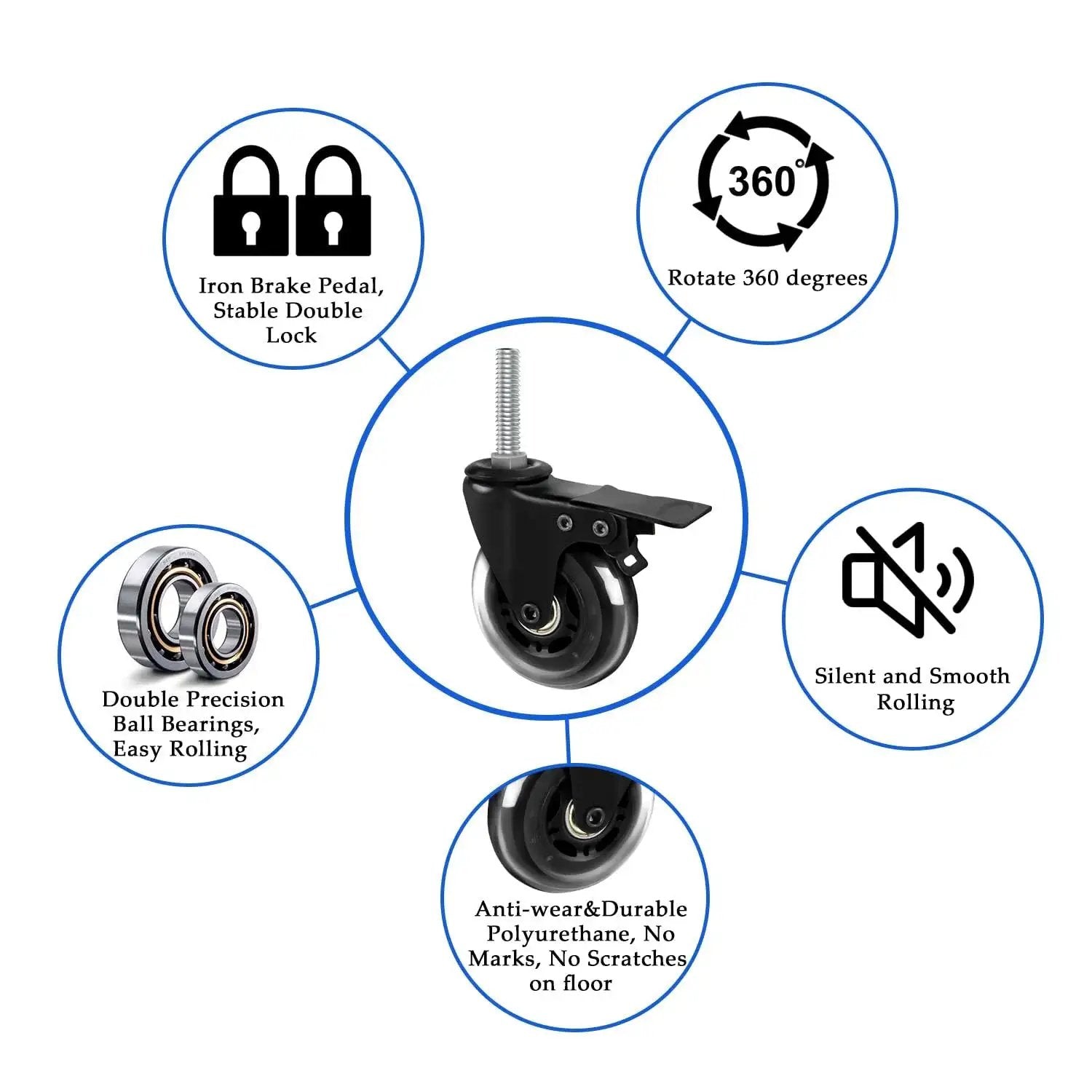 Three Inch Caster Wheels Set Of Four Heavy Duty Casters With Two Brakes And Two Swivel Casters No Noise Rubber Wheels features diagram.