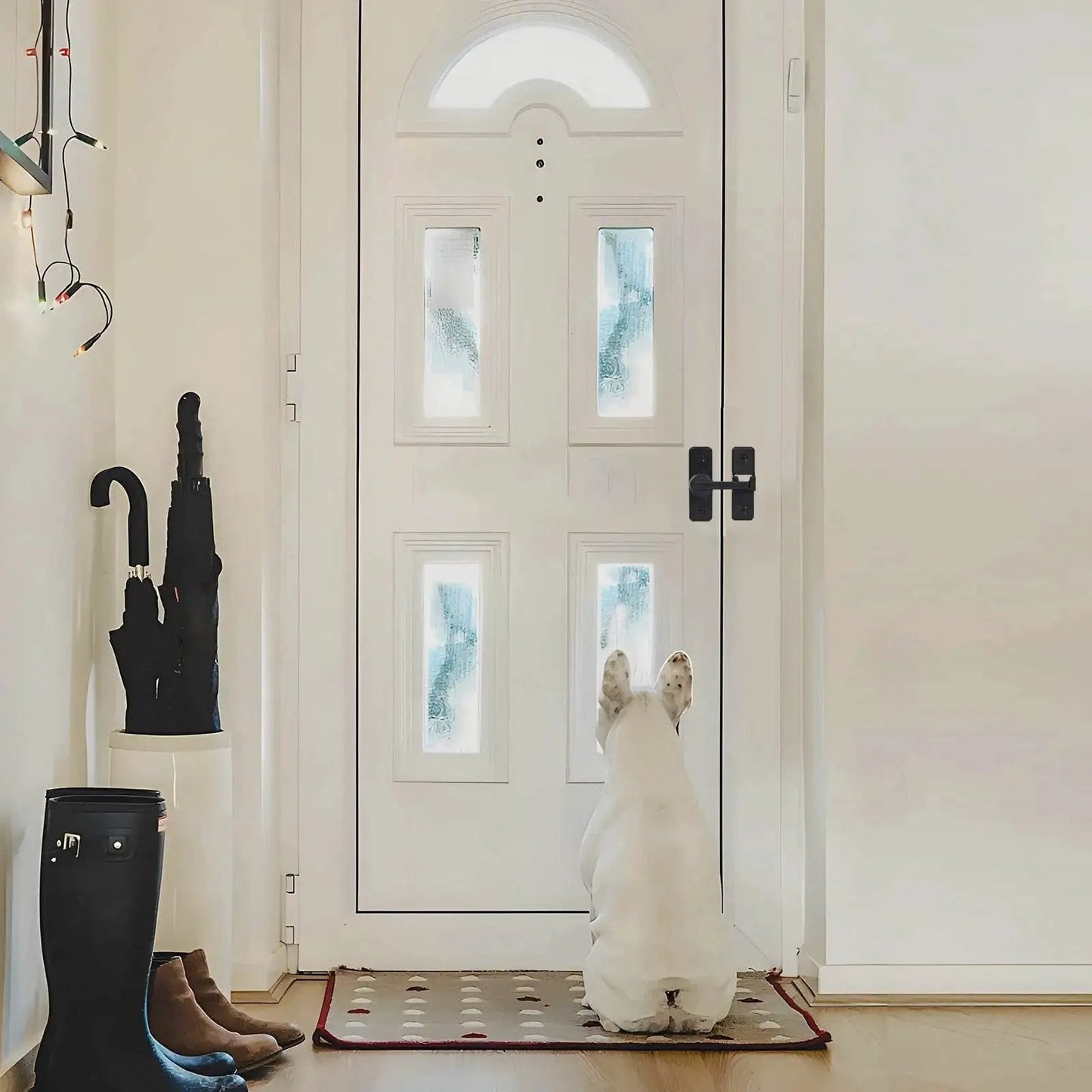 Dog sitting in front of a closed white door with frosted glass panels in a well-lit hallway.
