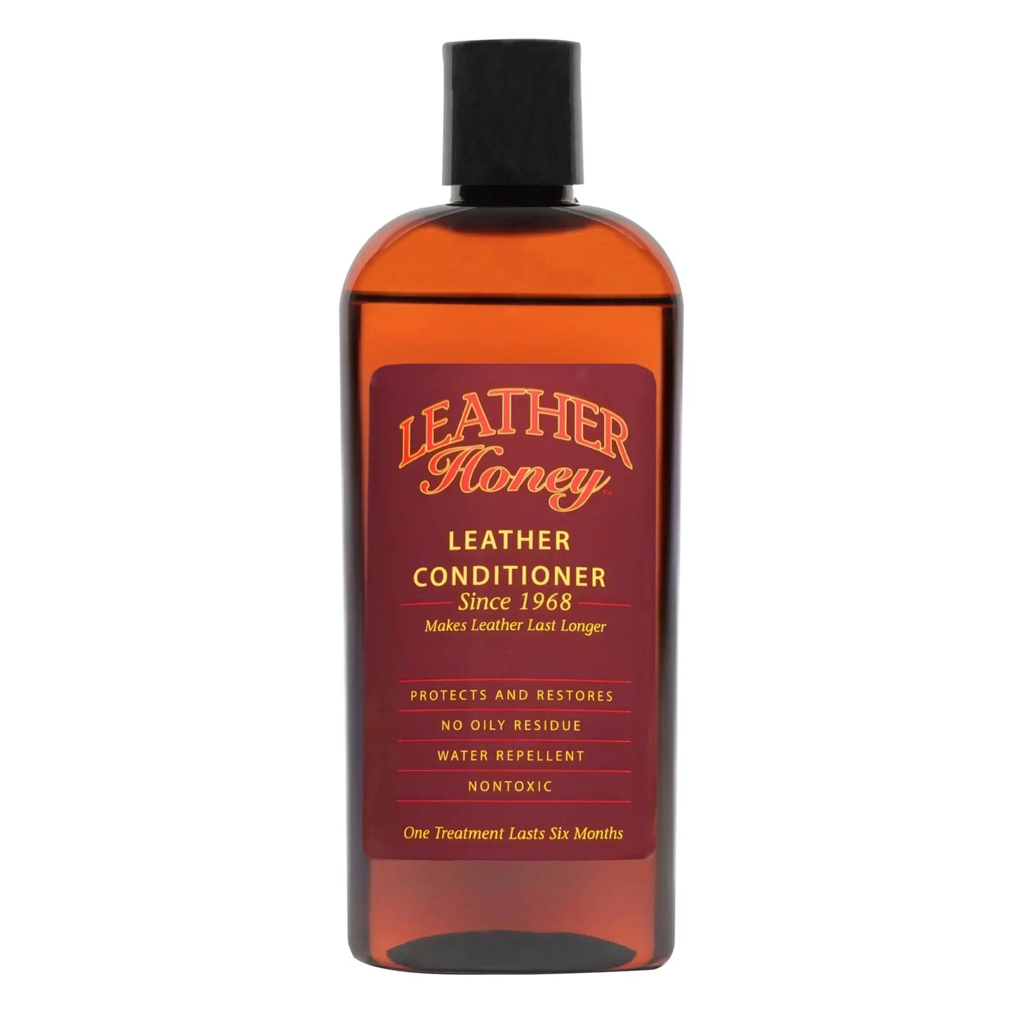 Premium Leather Conditioner That Restores All Leather Items From Auto To Furniture And Shoes Purses And Tack Non Toxic Made In USA 8 Fl Oz Leather Honey front view bottle.