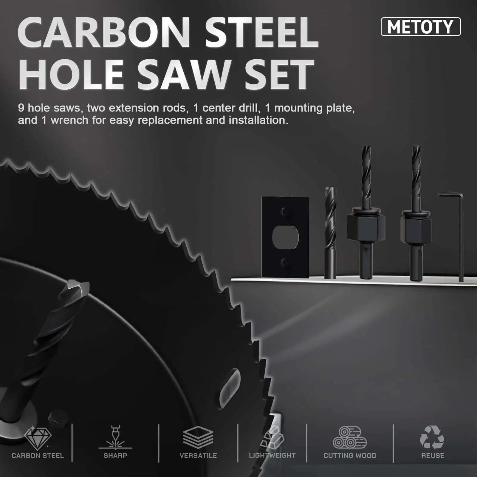 Durable 14 Piece Hole Saw Kit With Mandrel And Accessories For Soft Wood And PVC Board Home Projects Includes Nine Hole Saw Sizes From Three Quarter Inch To Three Inch With Mounting Plate Hex Key Pilot Drills And Two Arbors METOTY