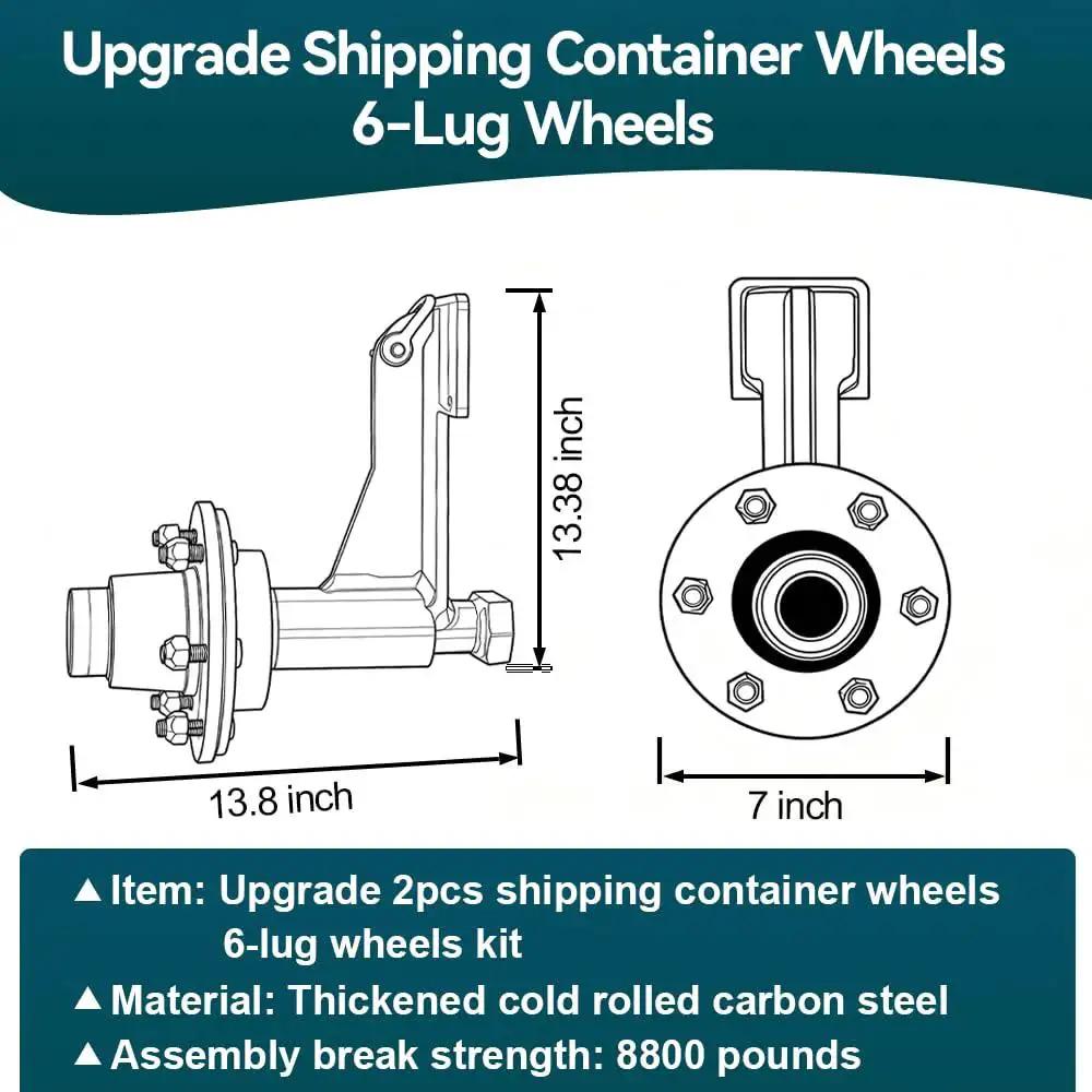 Diagram of Two Pack Heavy Duty Shipping Container Wheels Kit With 6 Lug Axle, dimensions labeled, made of carbon steel.