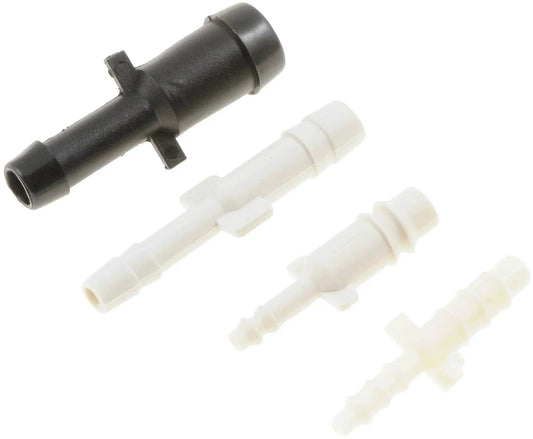 Universal Fit Hard Vacuum Tubing Connector Assortment With Straight T Shape Y Shape F Shape And L Shape Connectors For Automotive Hoses Durable Plastic Or Heat Resistant PVC Vinyl Construction Includes A Wide Range Of Sizes And Pack Options Dorman, assorted connectors on white background