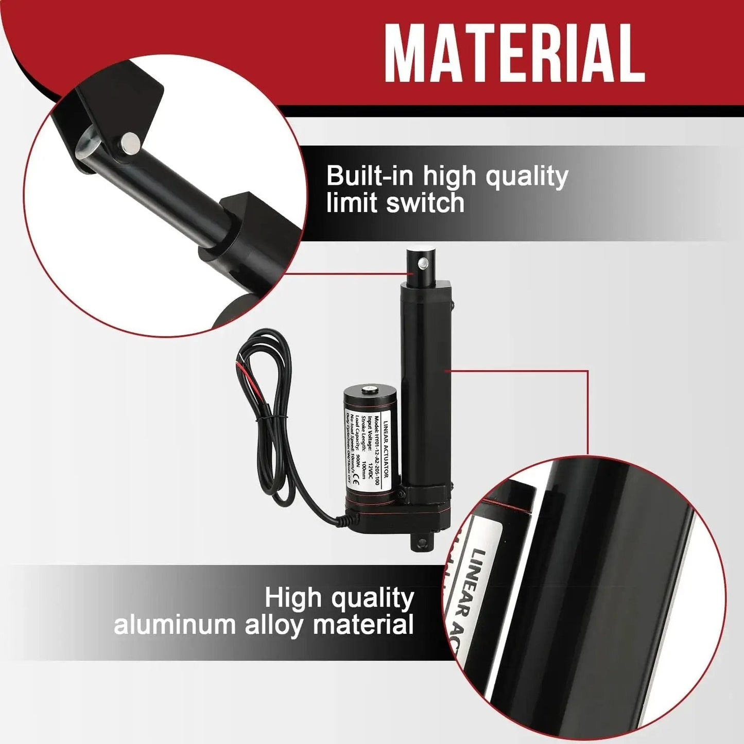 Beefy 12V Linear Actuator With 4 Inch Stroke And 202 Lb Load, IP54 Outdoor Rated showing aluminum housing and built-in switch.