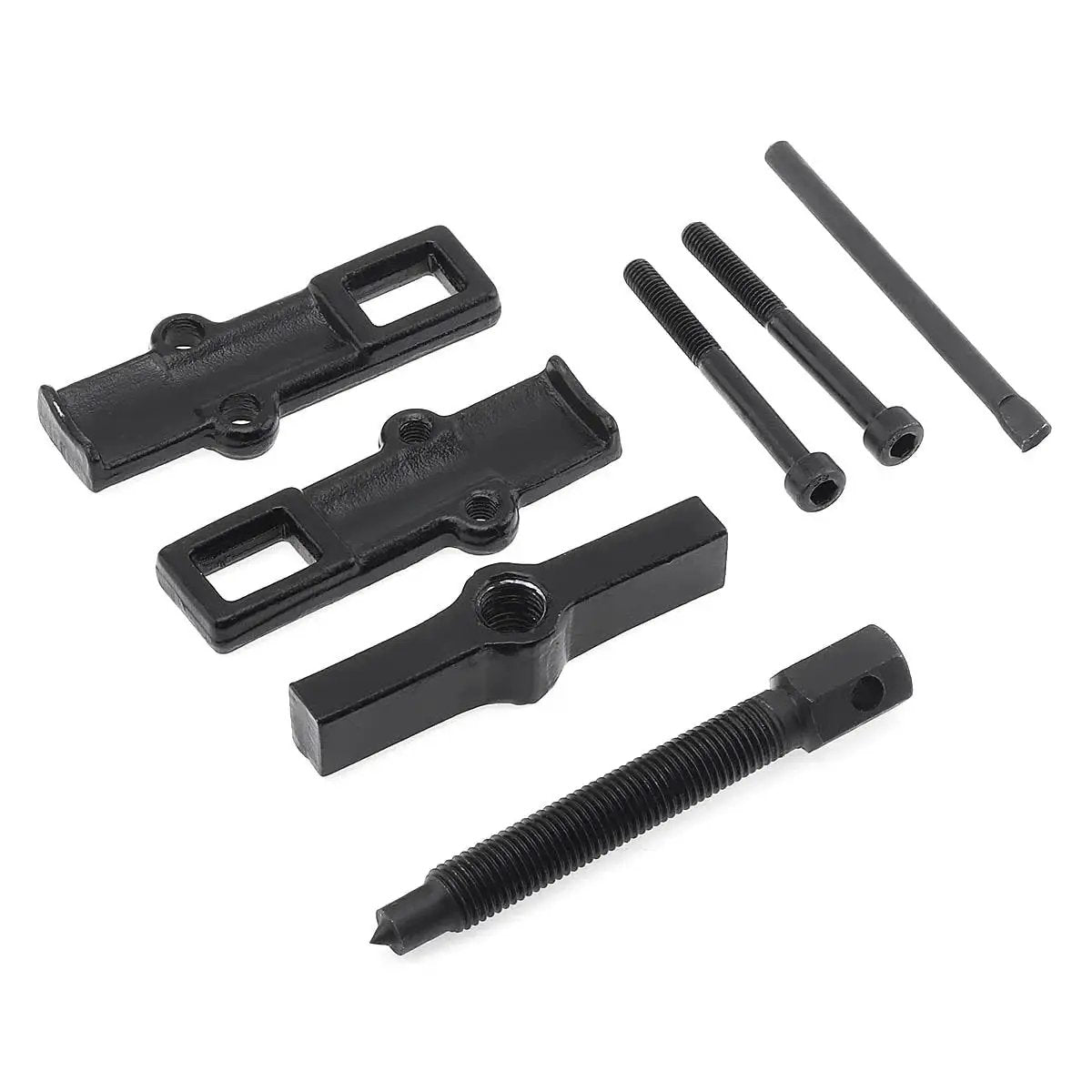 Components of Adjustable Two Jaw Bearing Gear Puller Remover 2 Inch Carbon Steel laid out on white background