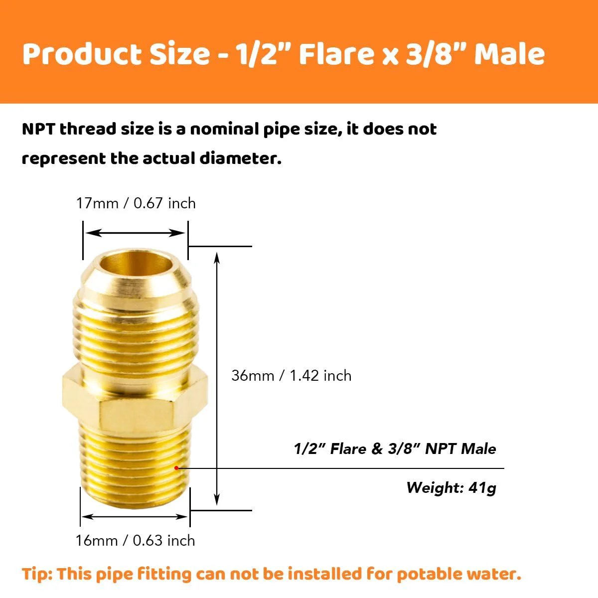 Heavy Duty Two Piece Tube Fitting Half Union Gas Adapter One Half Inch Flare To Three Eighths Inch NPT Male Pipe Coupler Brass Beefy Construction For Durable Corrosion Resistant Connections Besosay with dimensions