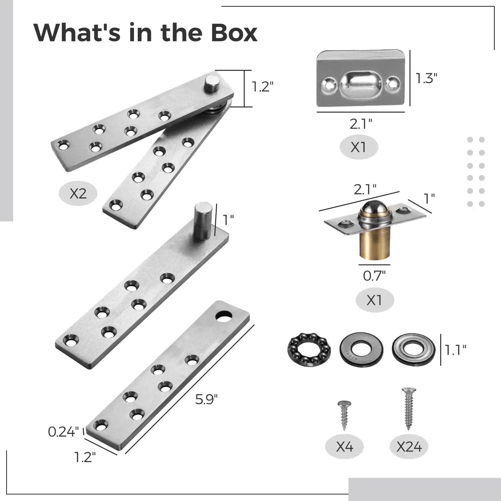 Components of Beefy Heavy Duty Stainless Steel Door Pivot Hinges 2 Pack For Hidden Secret Doors With Bearing Design shown in box layout.