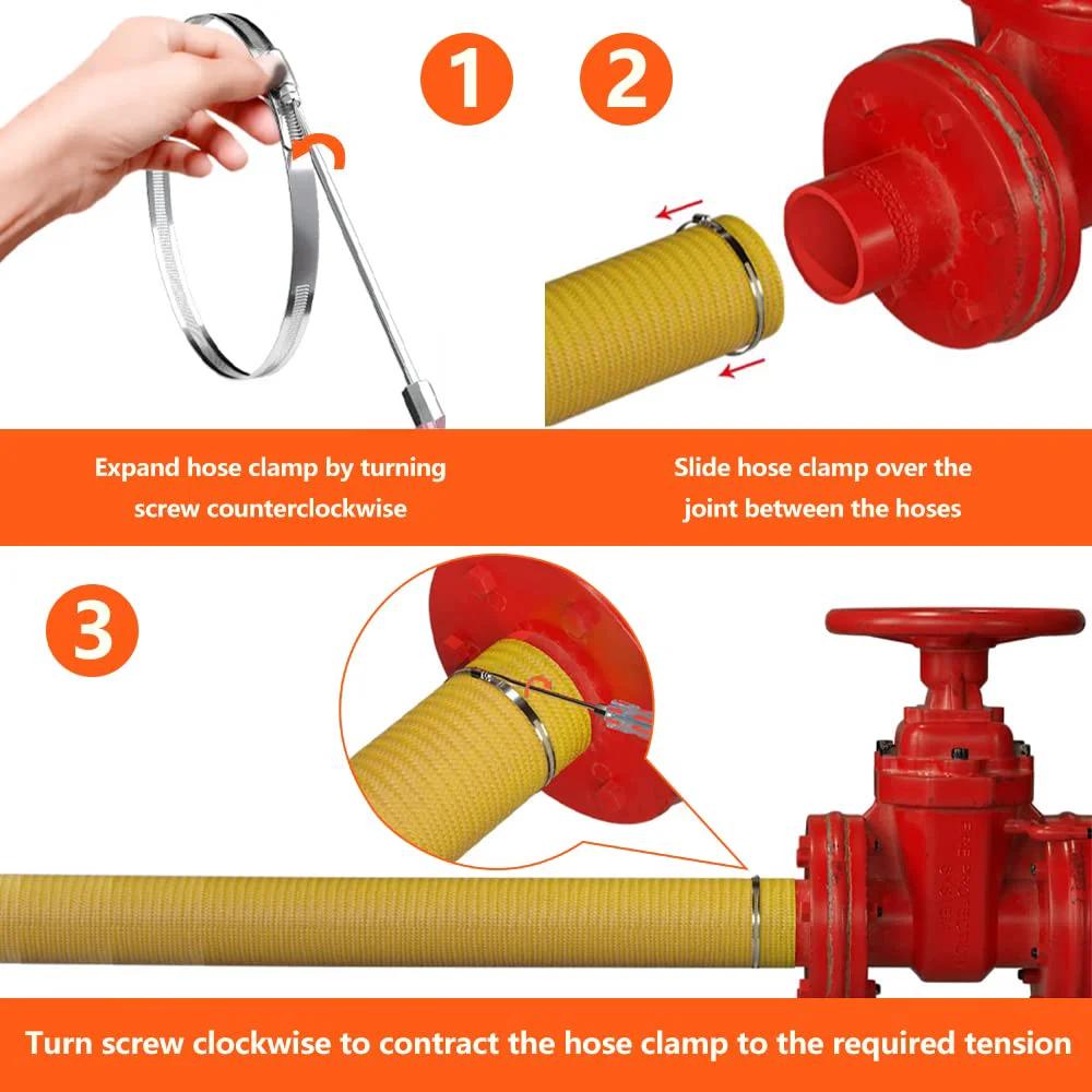 Steps to use Go-To Heavy Duty Stainless Steel Hose Clamp Set For DIYers on yellow hose with red valve.