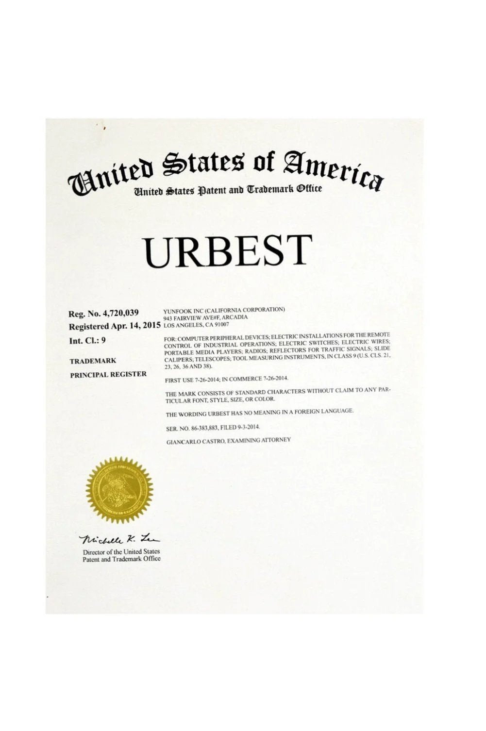 URA statement showing trademark information for URBEST issued by the United States Patent and Trademark Office.