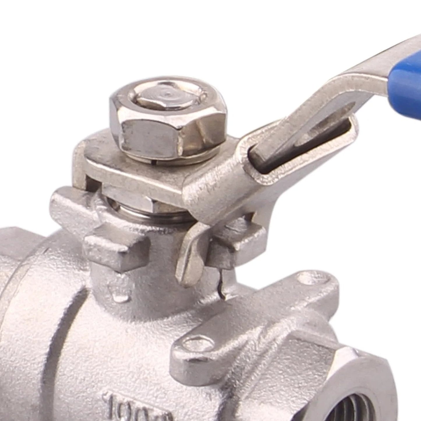 Close-up of locking handle on heavy duty full port stainless steel ball valve set, one quarter inch NPT, 304 grade for water oil gas WOG.