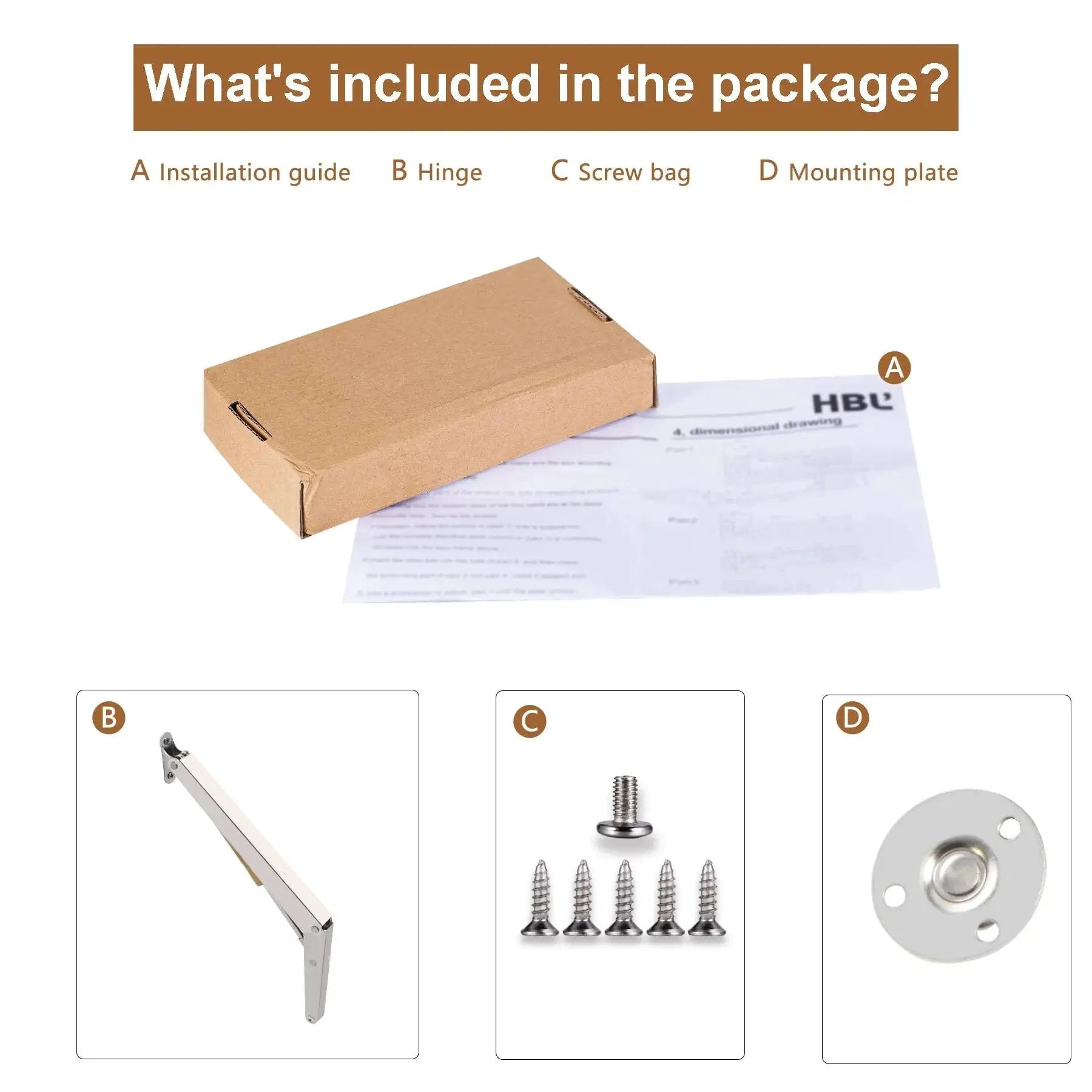 Package contents for 2 Pack 150N Gas Strut Spring Hinges with installation guide, hinge, screws, and mounting plate.
