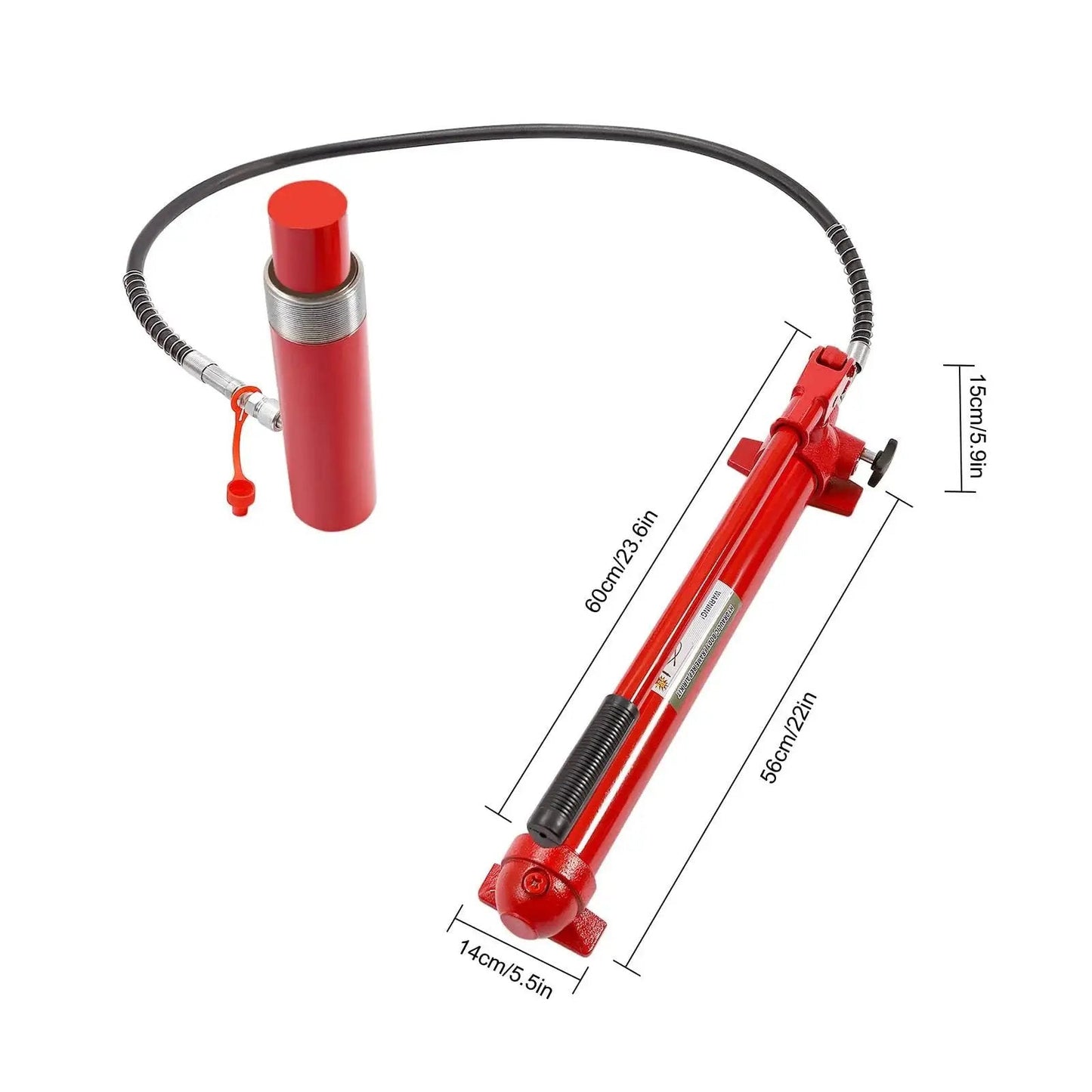 20 Ton Hydraulic Car Jack And Ram Kit For Body Frame Repair With Storage Case, red components and hose, measurement details