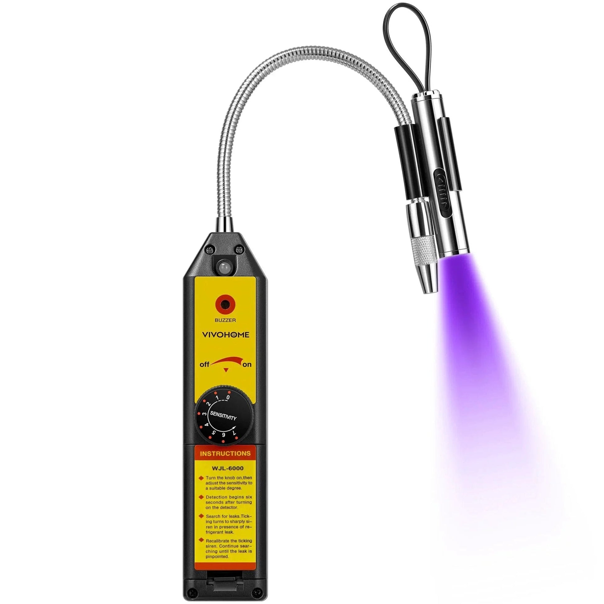 Freon Leak Sniffer For HVAC And Home AC With Bright LED Light, 7 Adjustable Sensitivity Levels Detects R134a R410a R1234yf And Other CFCs HCFCs HFCs HFOs, Easy Auto Check Leak Detector By VIVOHOME showing front view with probe
