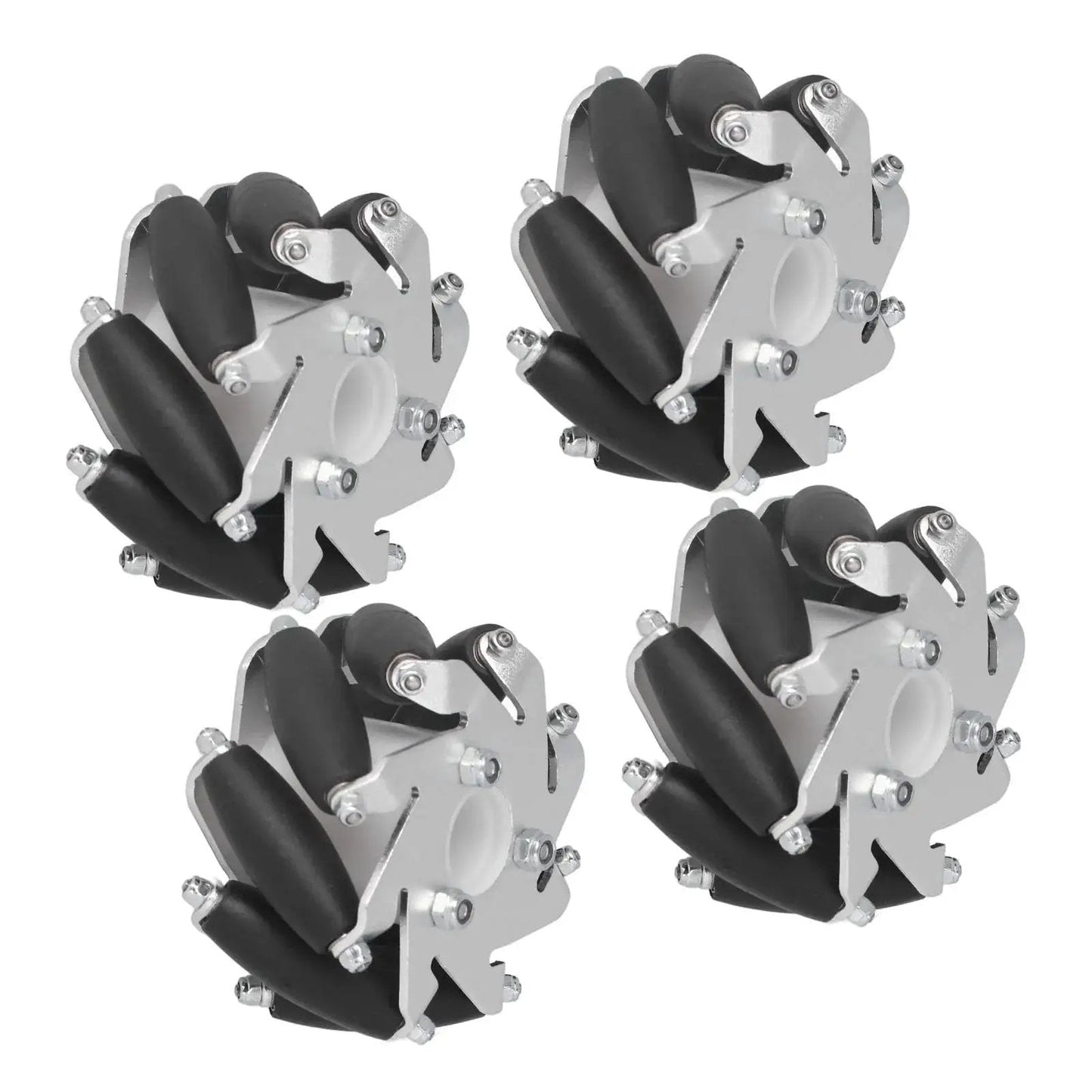 60mm Omni Directional Aluminum Alloy Wheel Set For RC Robots And DIY Projects Featuring Eight Rubber Rollers Per Wheel And A 10kg Load Capacity Perfect For Small Robots And Hobbyist Builds Four Piece Set, side view