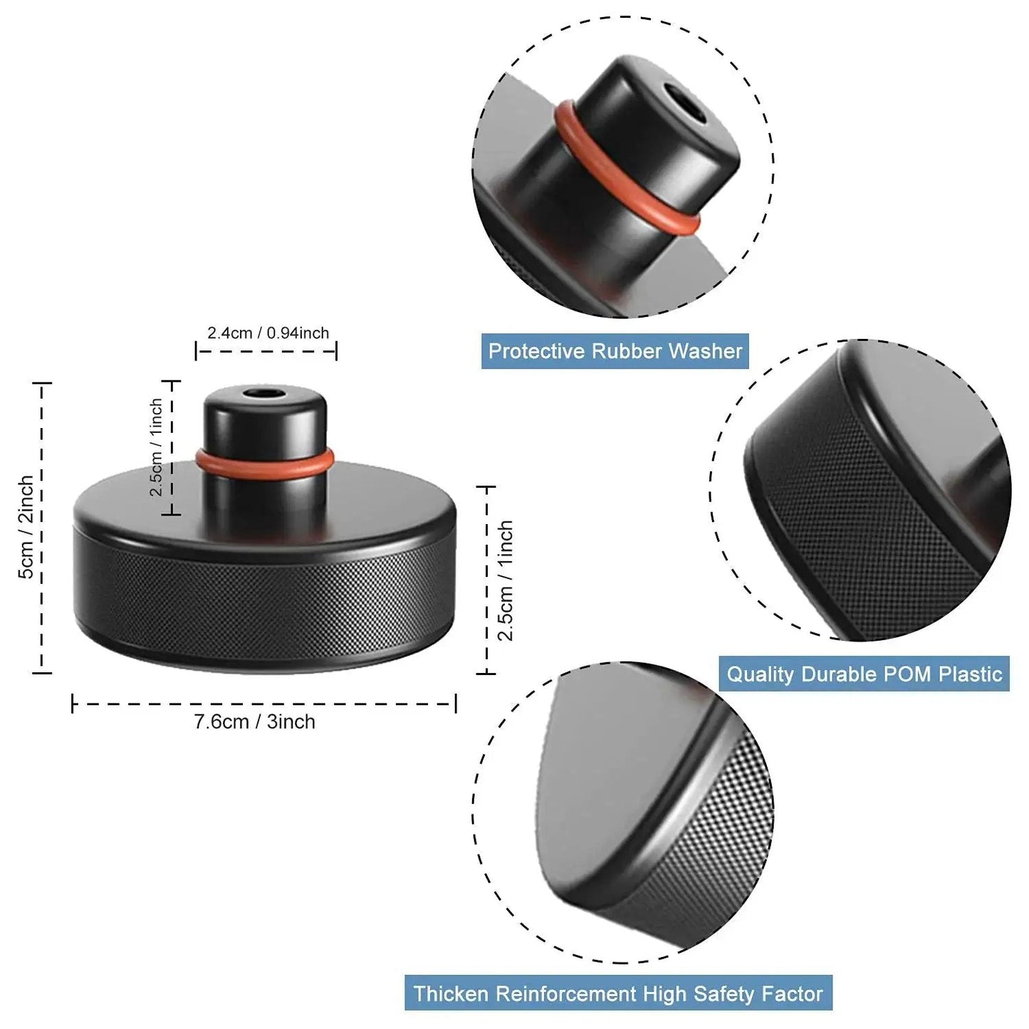 Jack Pad Set For Tesla Models 3 S X Y With Durable Rubber Pucks And Case 4 Pack shown with dimensions and material details