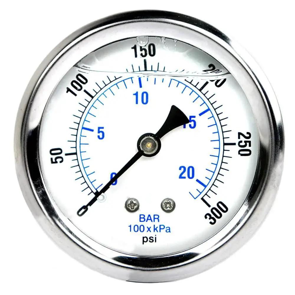 Front view of Stainless Steel Glycerin Filled Heavy Duty Pressure Gauge 0 To 300 Psi With Two Point Five Inch Dial