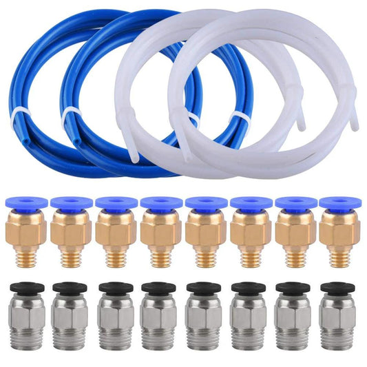 PTFE Teflon Tubing Kit For 3D Printers 1.75mm Filament, 4 x 1m Tubes With 8 PC4 M6 Push Fittings And 8 PC4 M10