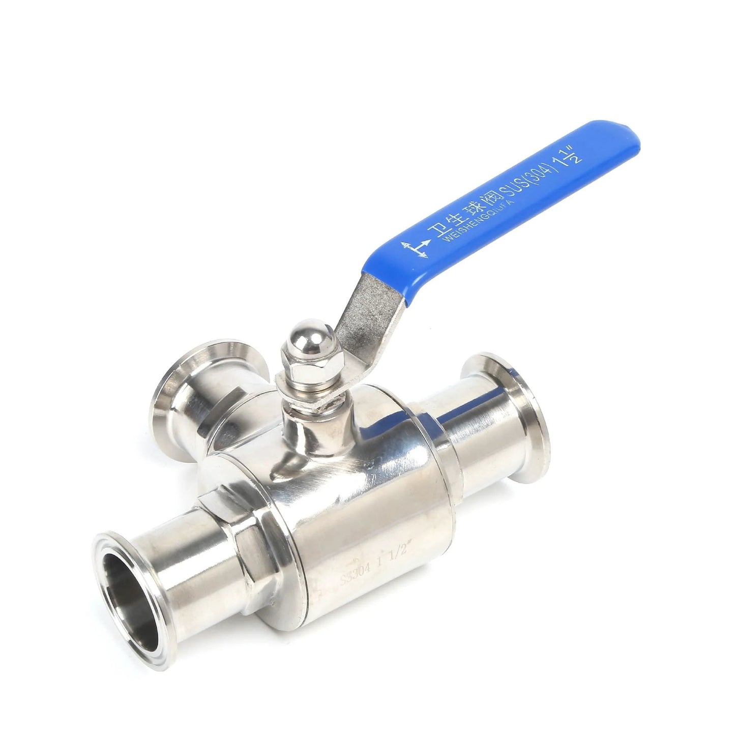 Front view of One And A Half Inch Tri Clamp Sanitary Ball Valve With T Port Three Way 304 Stainless Steel PTFE Lined