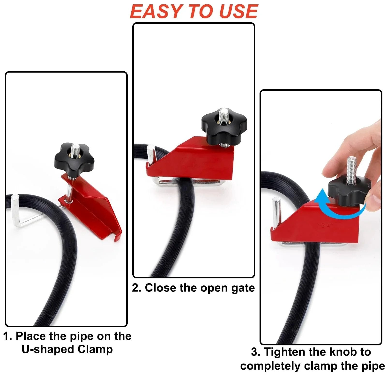 Four Piece Hose Pinch Off Pliers Set In Carbon Steel For Automotive Fuel Lines And Cooling System Hoses Including Three Eighths Inch One Half Inch One Inch And One And Three Quarters Inch Non Damaging Line Clamp Pliers Tool Kit For Safe DIY And shown clamping a hose in three steps.