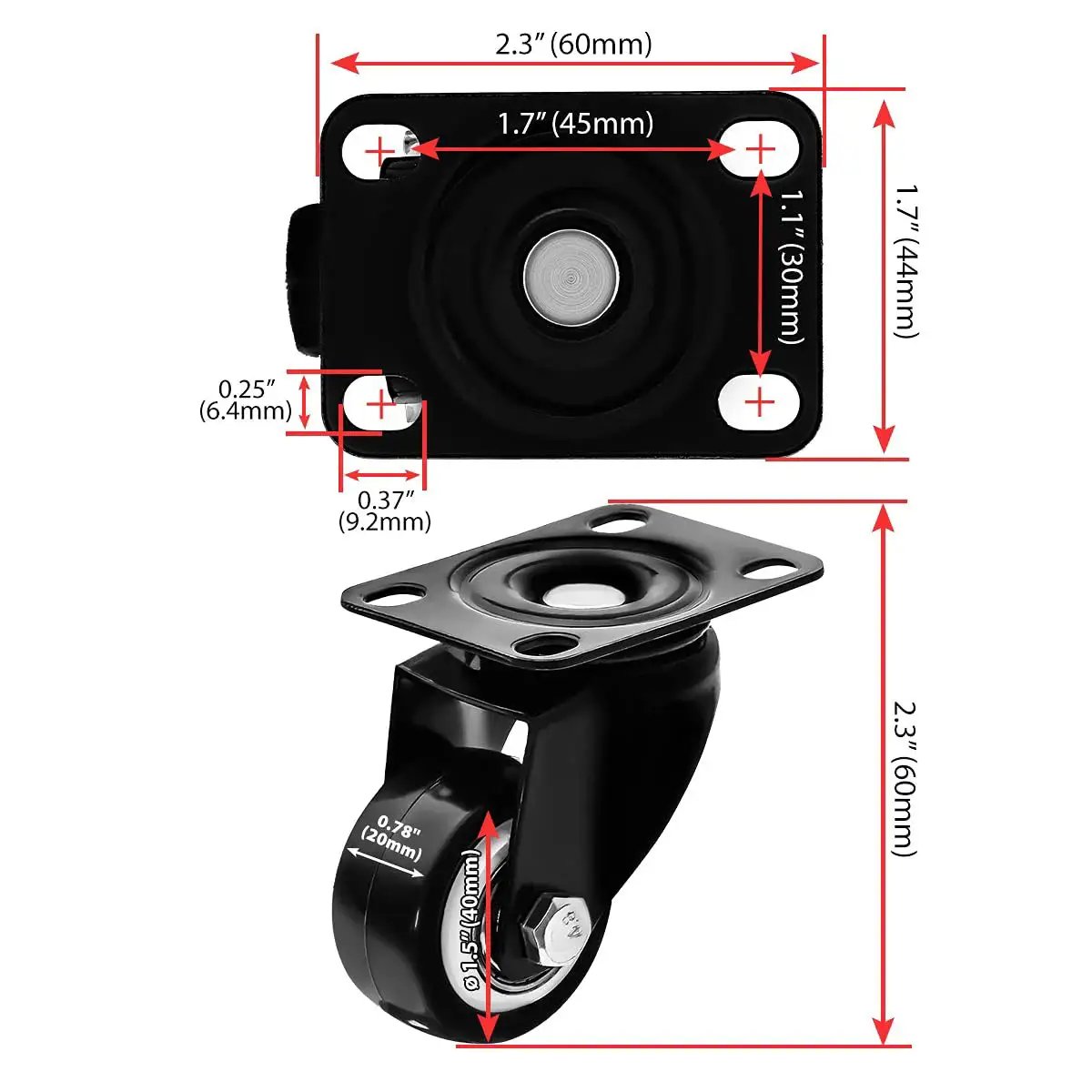 Swivel Caster Wheels Set Rubber Base With Top Plate Bearing Heavy Duty Pack Of 4 Black Non Brake 1.5 Inch Casters for Heavy Equipment