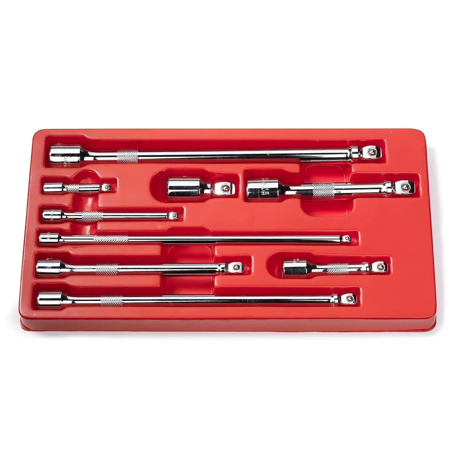 Nine Piece Grab And Go Wobble Extension Bar Set for Sockets With 16 Degree Convex Anvil, Chrome Vanadium Steel Construction, Fits One Quarter Inch, Three Eighths Inch, and One Half Inch Drive Ratchets, Durable Low Clearance Angled Access for Tight Spots in a red tray
