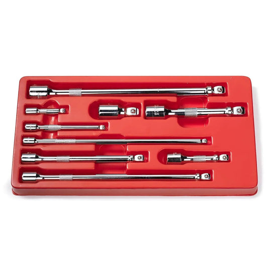 Nine Piece Grab And Go Wobble Extension Bar Set for Sockets With 16 Degree Convex Anvil, Chrome Vanadium Steel Construction, Fits One Quarter Inch, Three Eighths Inch, and One Half Inch Drive Ratchets, Durable Low Clearance Angled Access for Tight Spots in a red tray