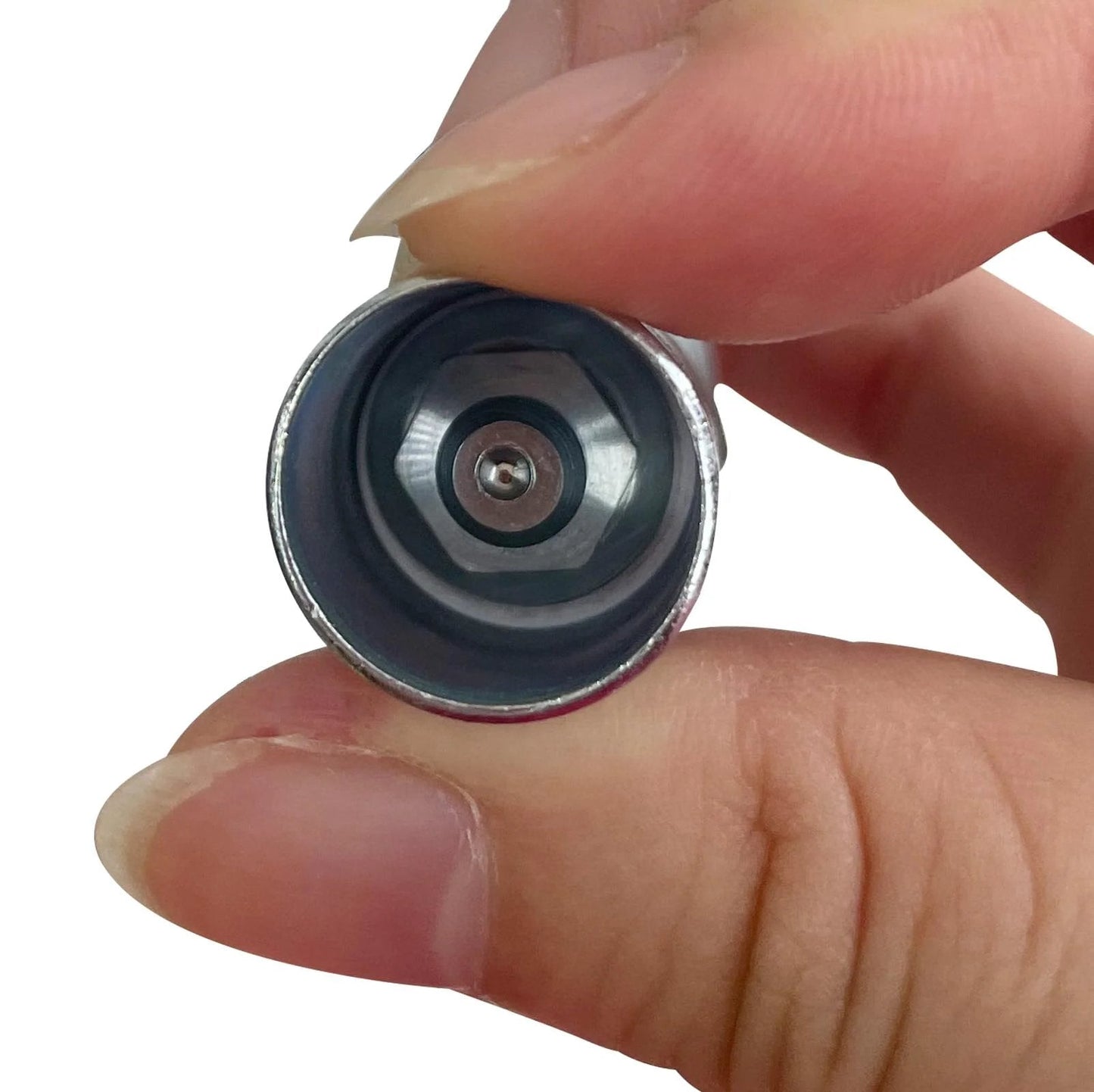 Close-up of a 90 Degree Grease Coupler Gun Adapter for Hard To Reach Fittings, durable metal build, works with standard grease guns