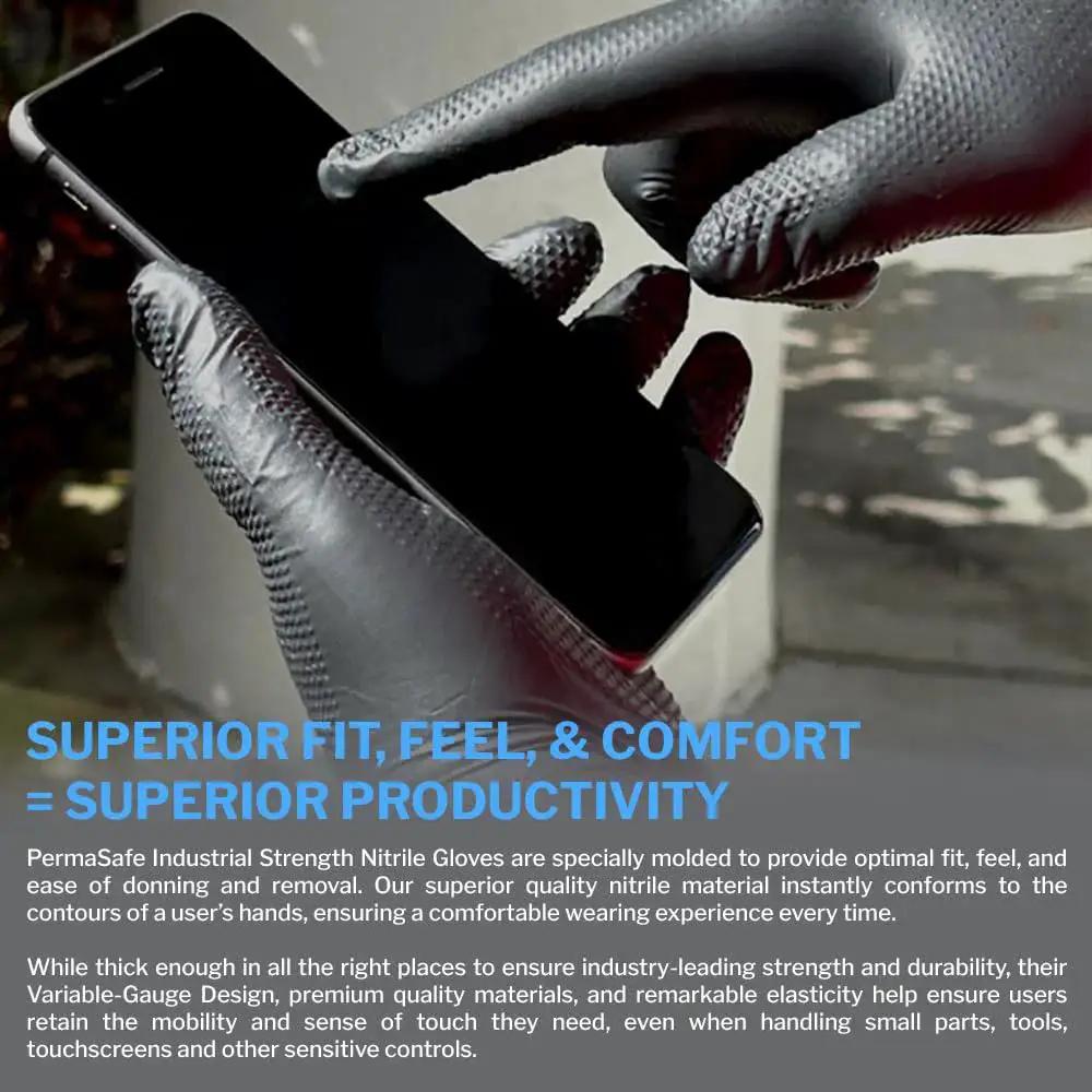 Person wearing Heavy-Duty Nitrile Disposable Gloves 6 Mil Latex-Free Raised Texture Box 100 holding a smartphone.
