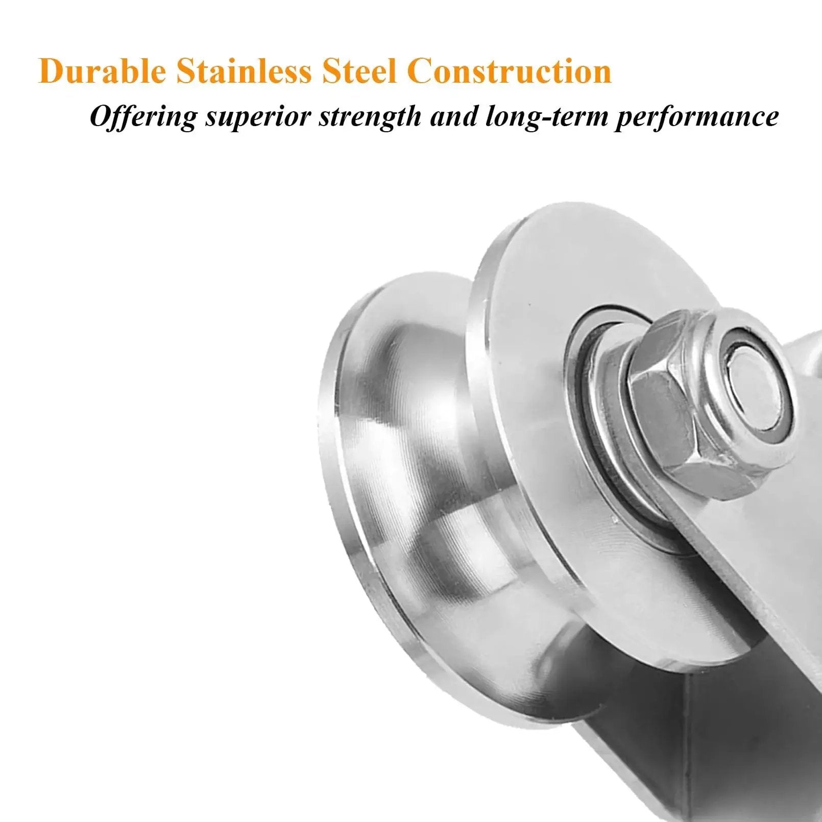Close-up of U Groove Gate Track Roller Set With Stainless Steel Construction showcasing heavy-duty sliding gate wheel and double bearings.