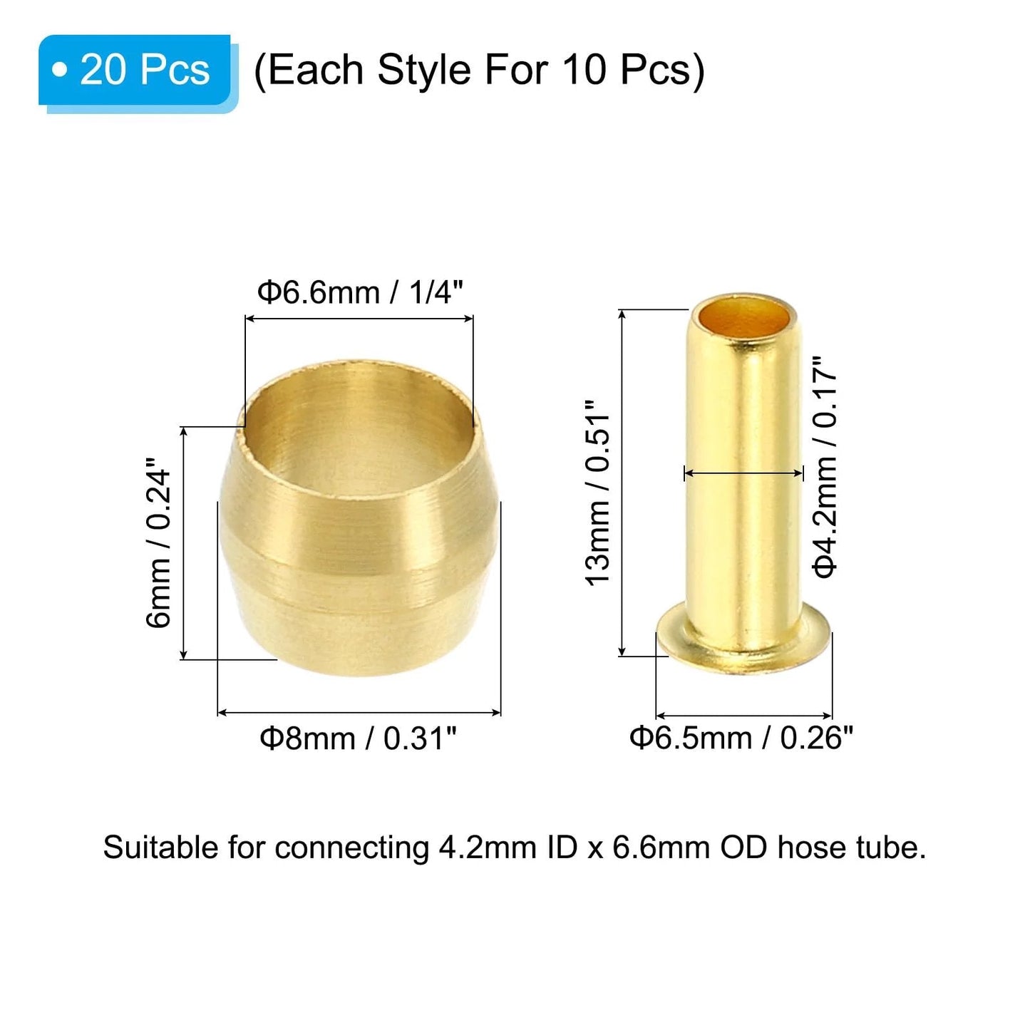 Brass Compression Ferrule Kit For One Quarter Inch OD Hose Tubing, 20 Pack, with dimensions for air water gas plumbing.