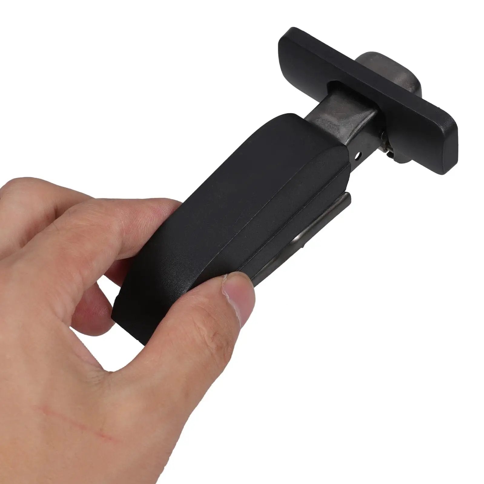 Close-up of concealed mounting cabinet hinge with soft close hydraulic damper in hand.