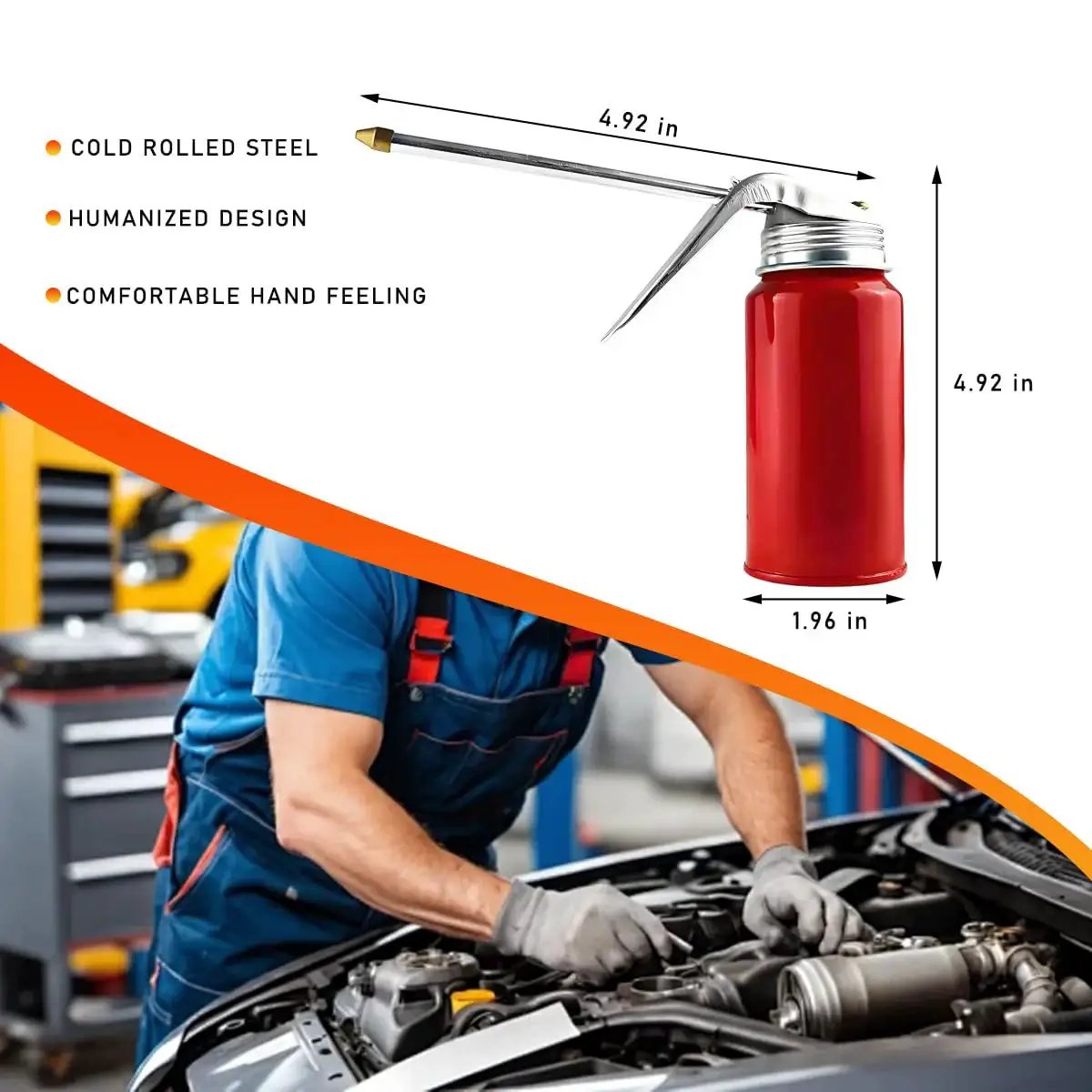 Two Pack Oil Pump Oiler 200ml Metal Spray Can With 4.92 Inch Spout For Precise Lubrication Of Bearings And Gears, shown alongside mechanic working on car engine